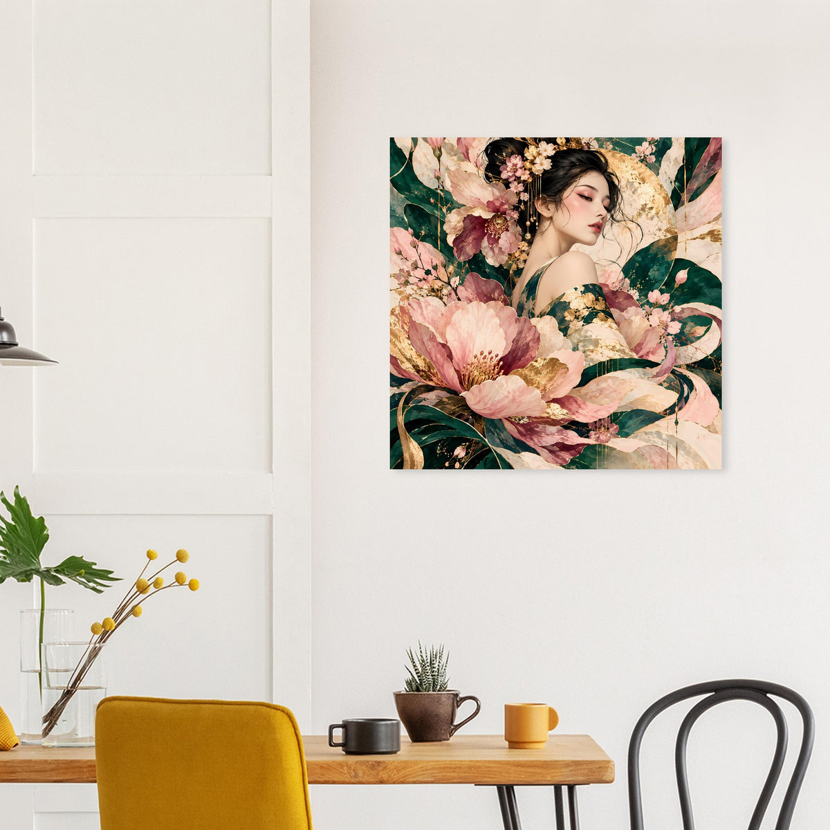 Florales Poster mit Frau, Blüten in Rosé, Grün und Gold