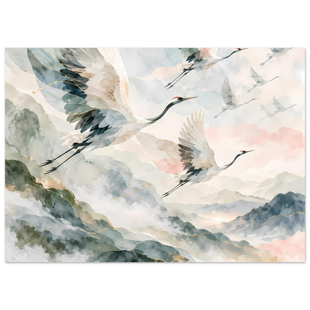 Poster mit fliegenden Kranichen, Aquarellwolken und Berge in Grün-Blau-Tönen