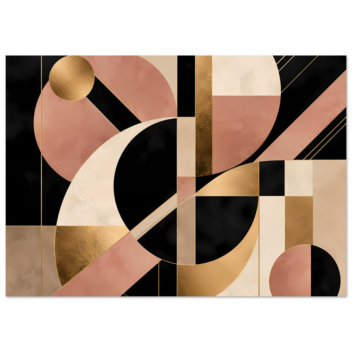 Geometrische Wandkunst mit großen Kreisformen, schwarzen Segmenten und goldenen Details, breiter Ausschnitt