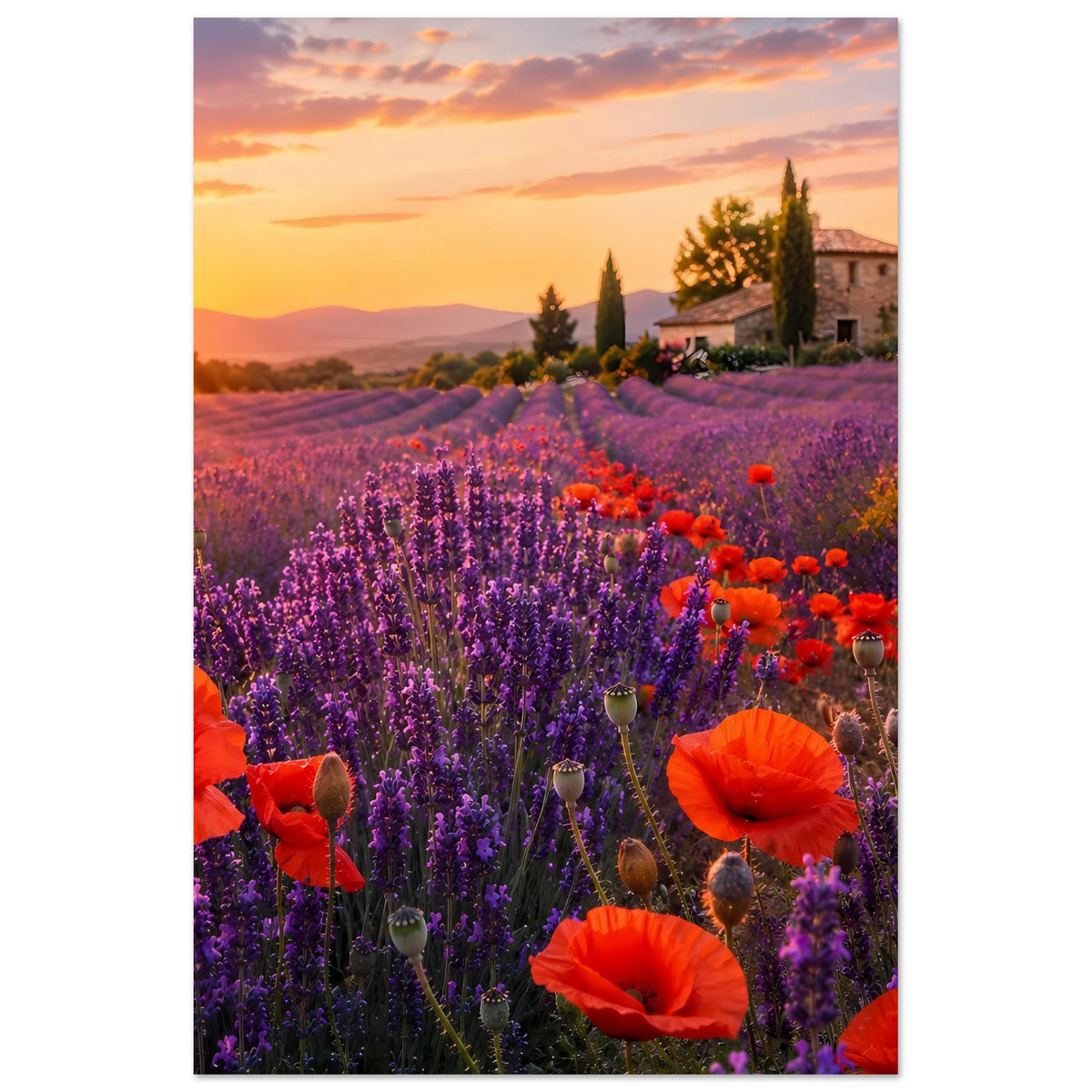 Blumenposter im Hochformat: violetter Lavendel und rote Mohnblüten vor kleinem Haus