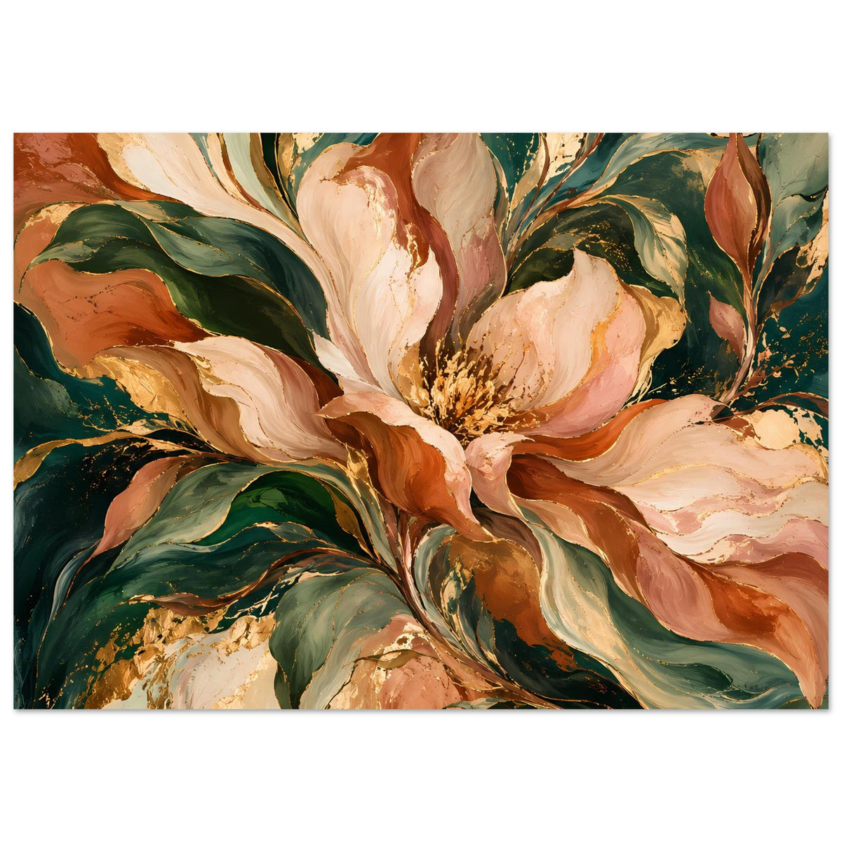 Blumenposter mit Pfingstrosen in Creme, Terrakotta und Dunkelgrün, warmes Farbenspiel