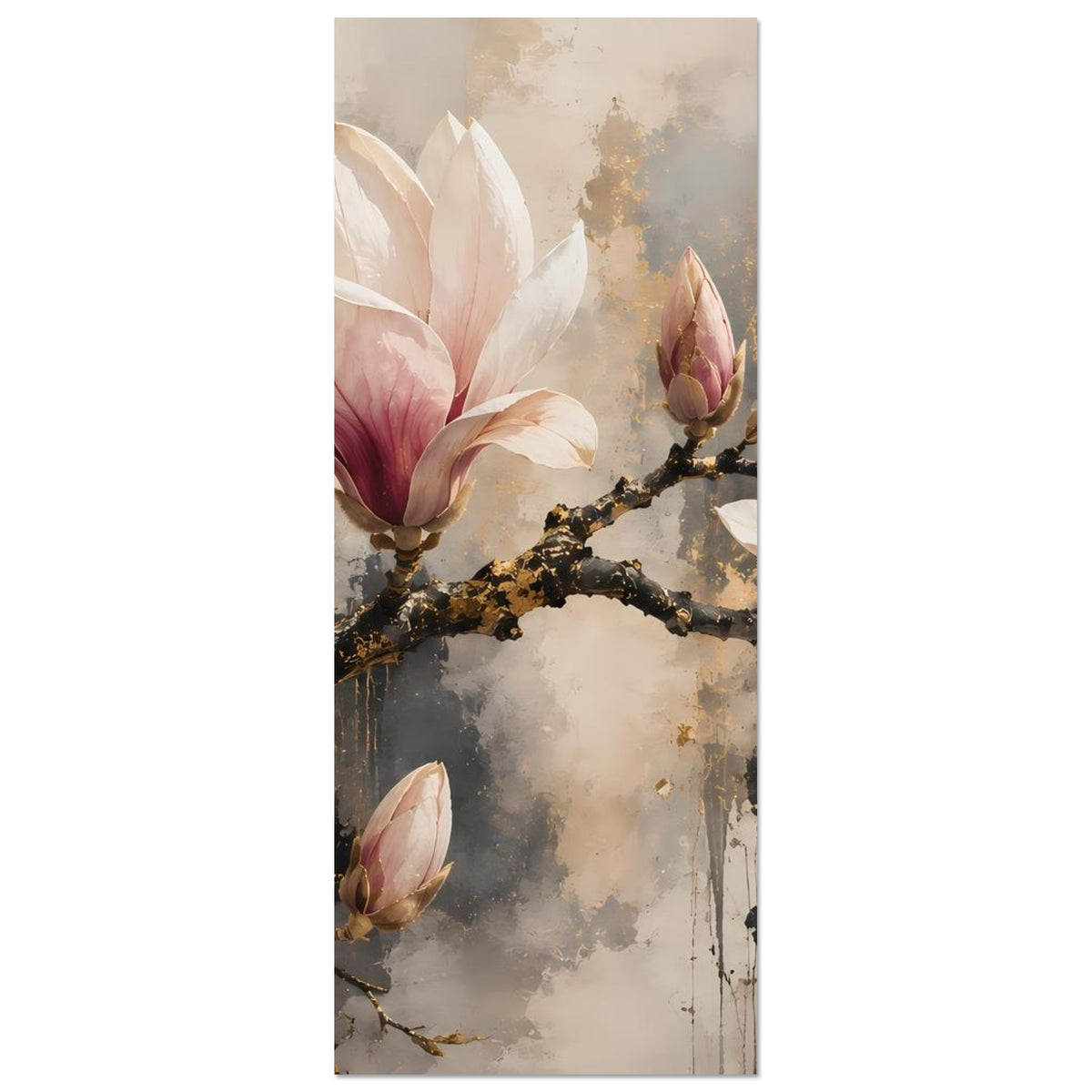 Magnolien-Blütenposter (hochkant): Ausschnitt mit goldener Astlinie und Magnolia-Blüten links