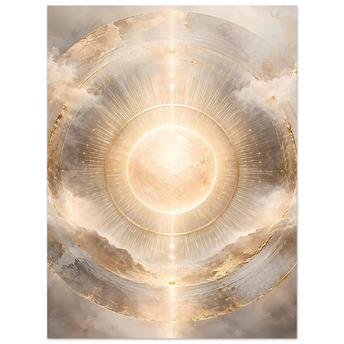 Kosmos-Poster im Hochformat mit leuchtender Sonne, goldenen Ringen und wolkigen Linien