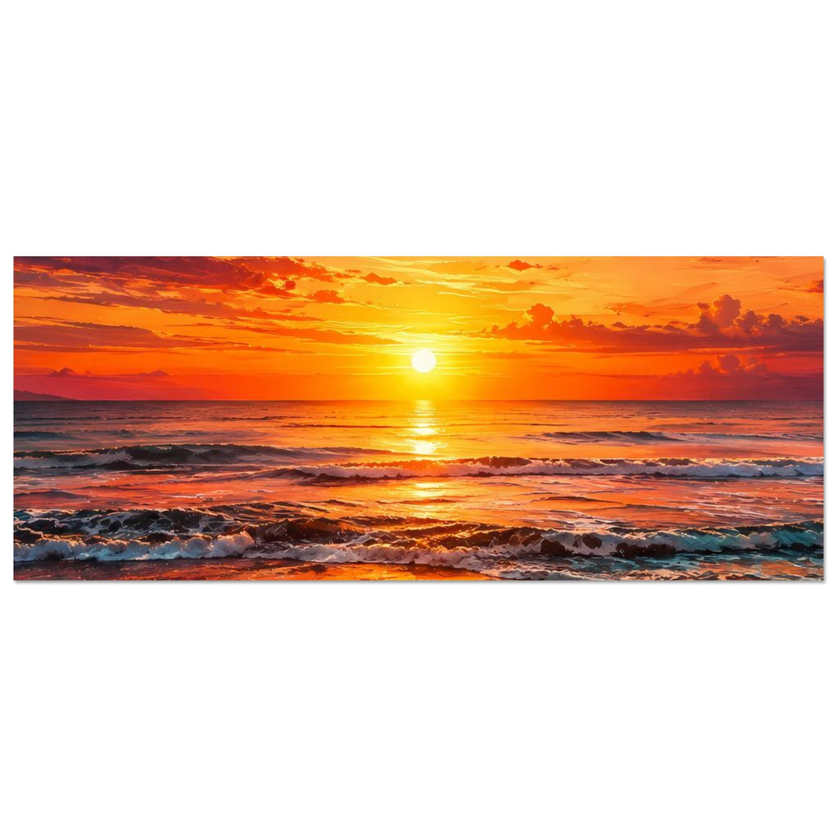 Wandposter mit Sonnenaufgang am Strand, orangefarbene Wolken und reflektierendes Meer