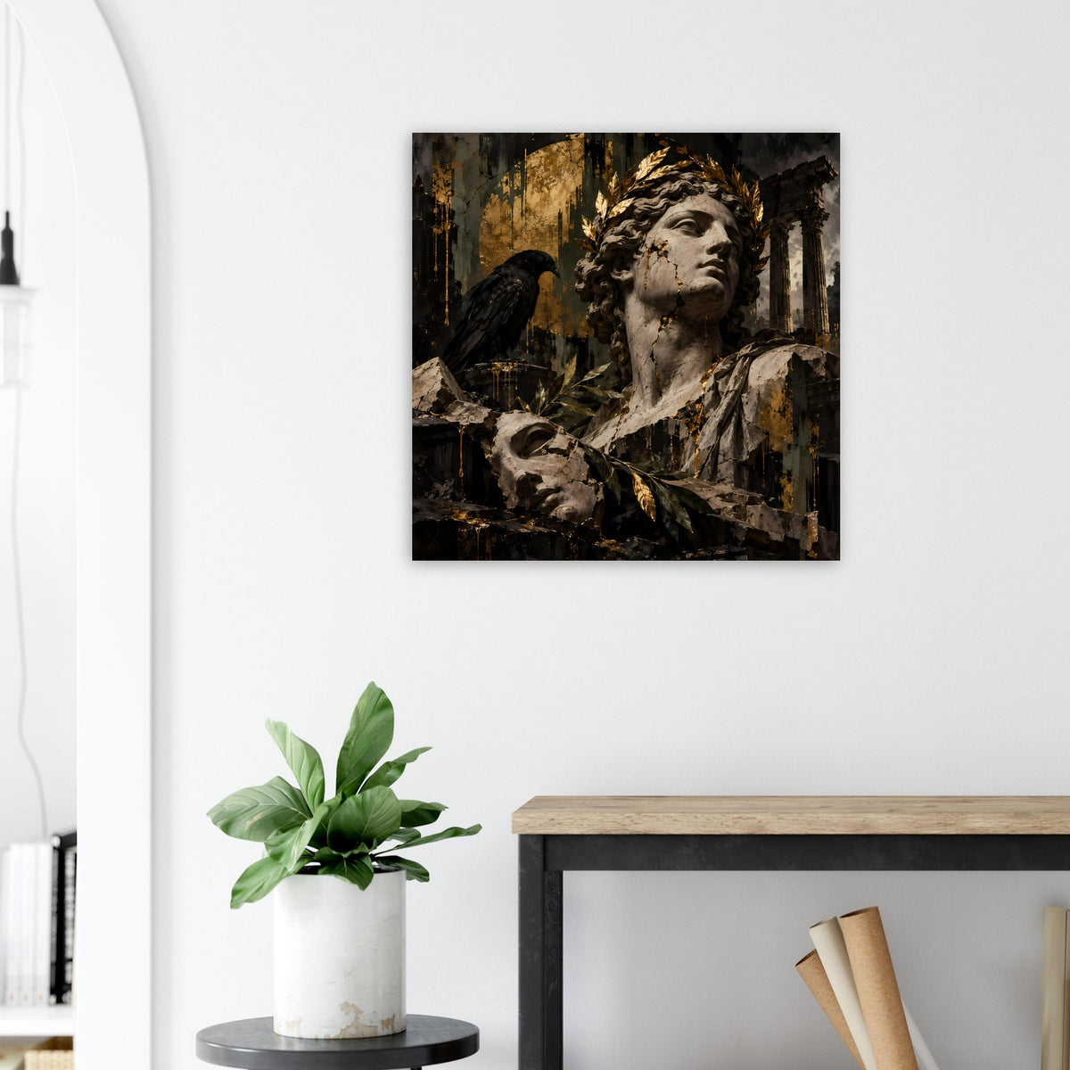 Barock-inspiriertes Poster: Porträt einer Frau mit Taube, goldene Sprenkel und dunkler Rahmenoptik