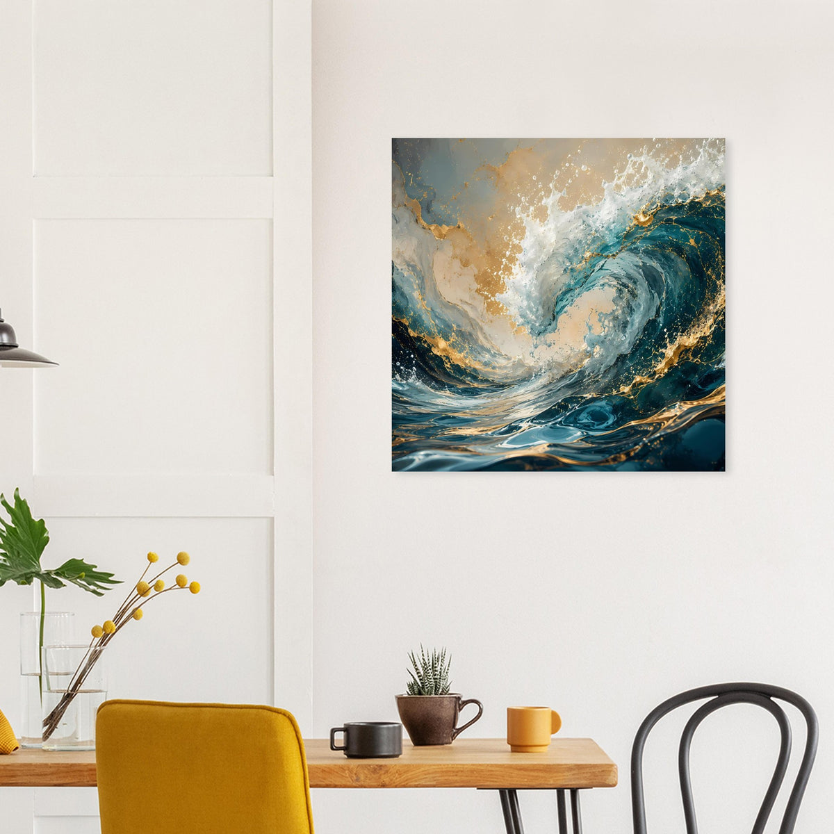 Quadratisches abstraktes Poster mit Meereswelle in Türkis, Dunkelblau und Gold