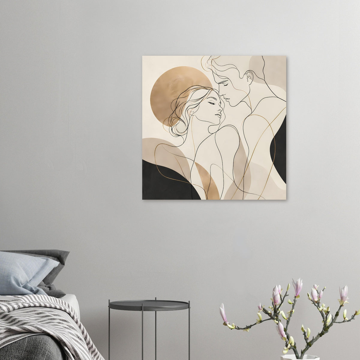 Kleines Poster mit Linienzeichnung: Liebespaar in Umarmung, Erdtöne