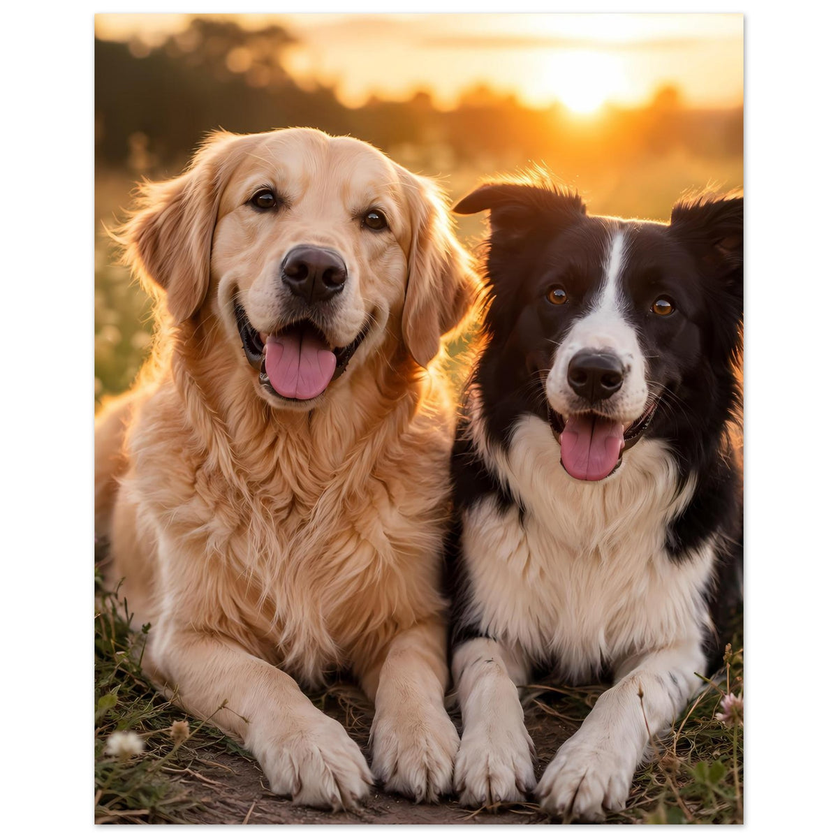 Poster mit Hunde-Porträt im Hochformat: goldener und schwarzer Hund nebeneinander sitzend