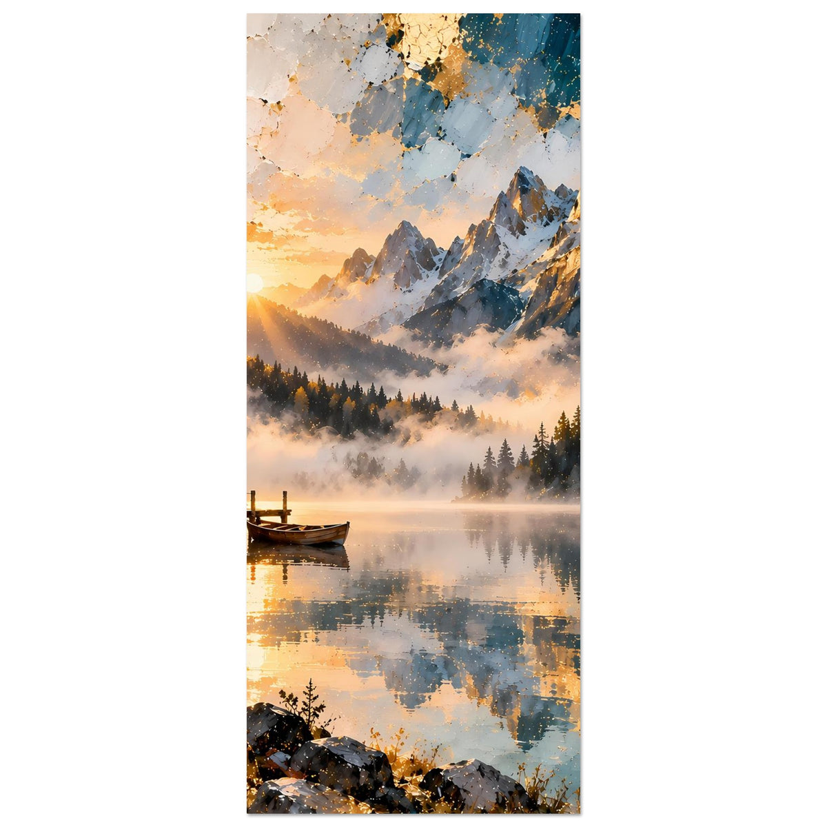 Vertikales Poster mit Bergsee, Sonnenhalo, Fichten im Vordergrund und ruhigem spiegelndem Wasser
