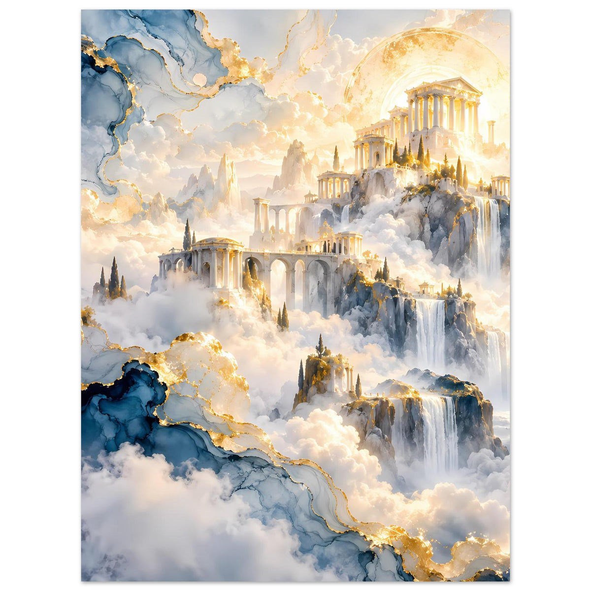 Poster im Hochformat: goldene Aura über antiken Tempeln, Wolkenmeer und Wasserfälle