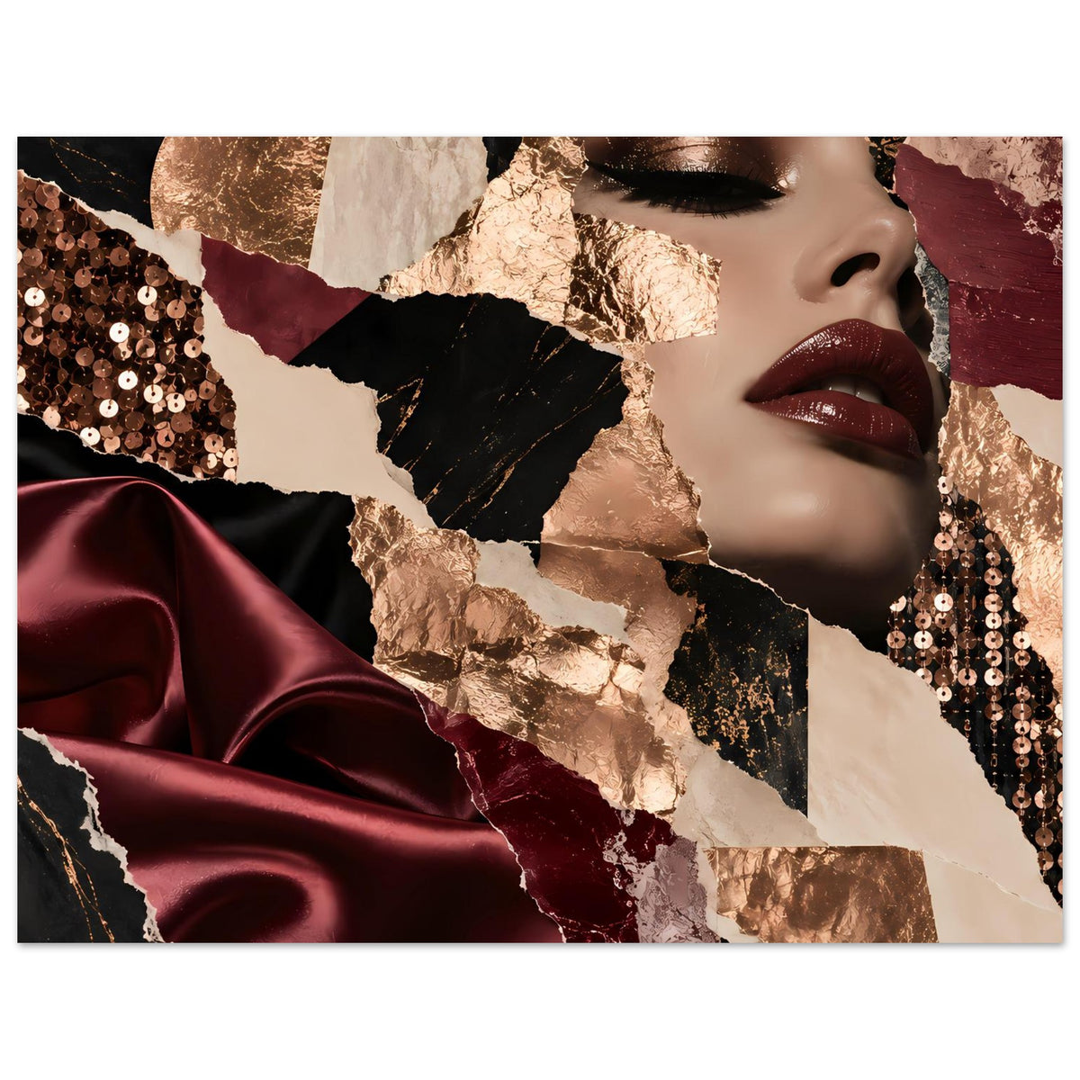 Kunstposter: Frauenporträt mit Goldakzenten, bordeauxfarbenem Samt und Schmuck-Pailletten