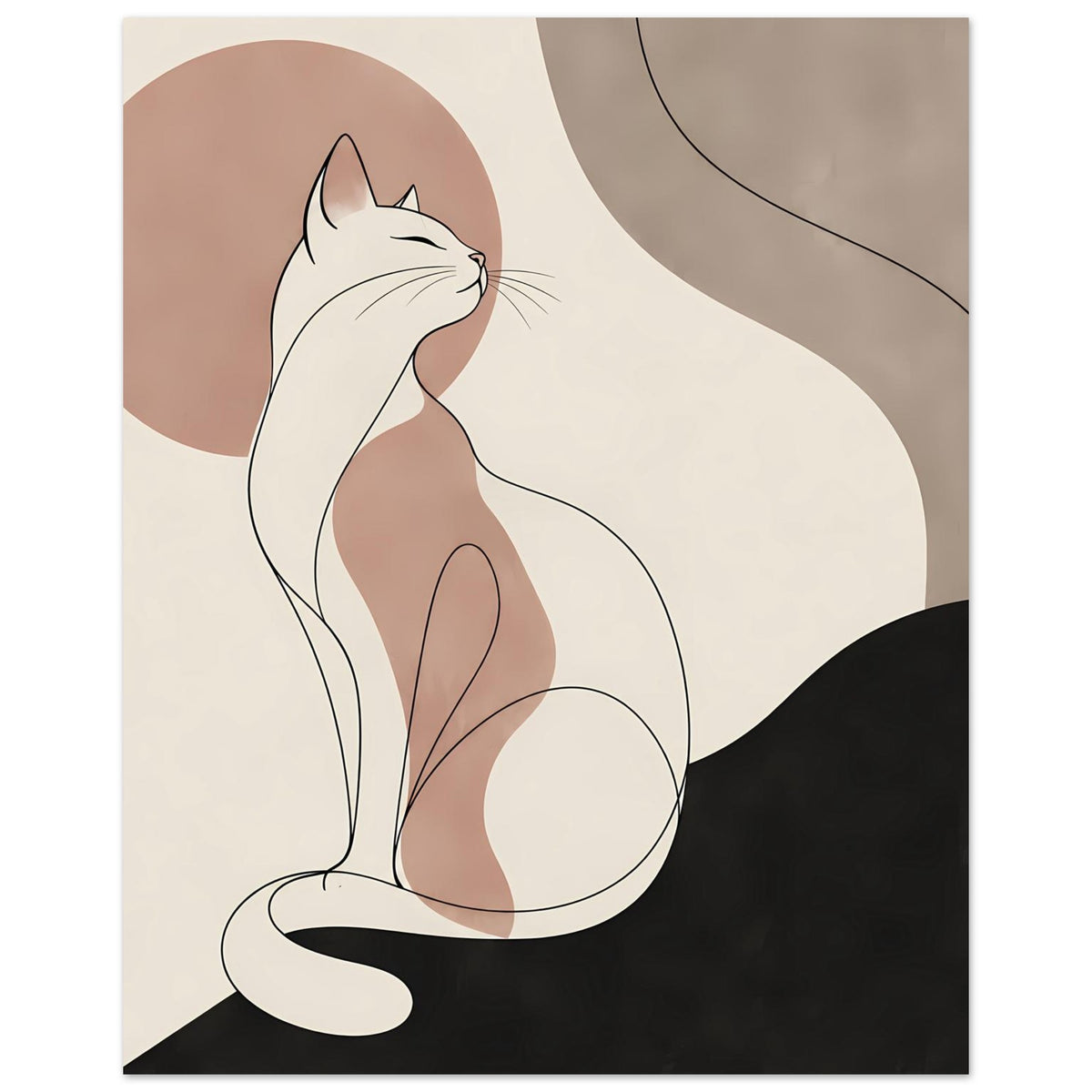 Poster zeigt sitzende Katzen-Silhouette im Minimalstil, weiß, rosa und dunkle Fläche unten