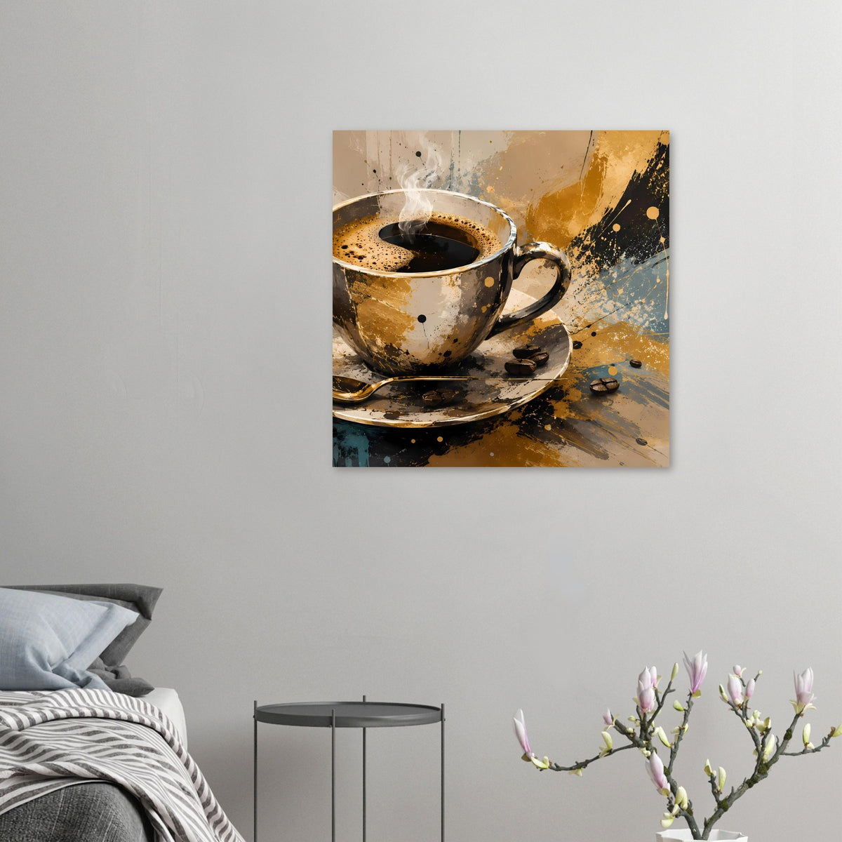 Kunstposter: Kaffeetasse mit dampfendem Getränk, abstrakter Goldton und dunkle Spritzer