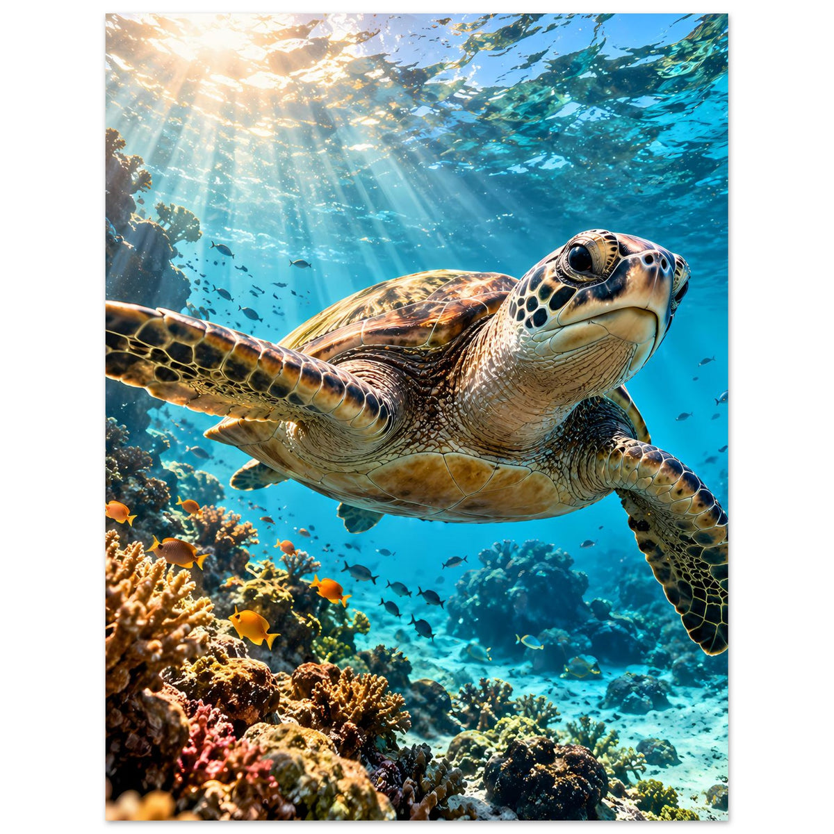 Unterwasser-Schildkrötenposter mit Meeresschildkröte und Sonnenstrahlen über dem Korallenriff
