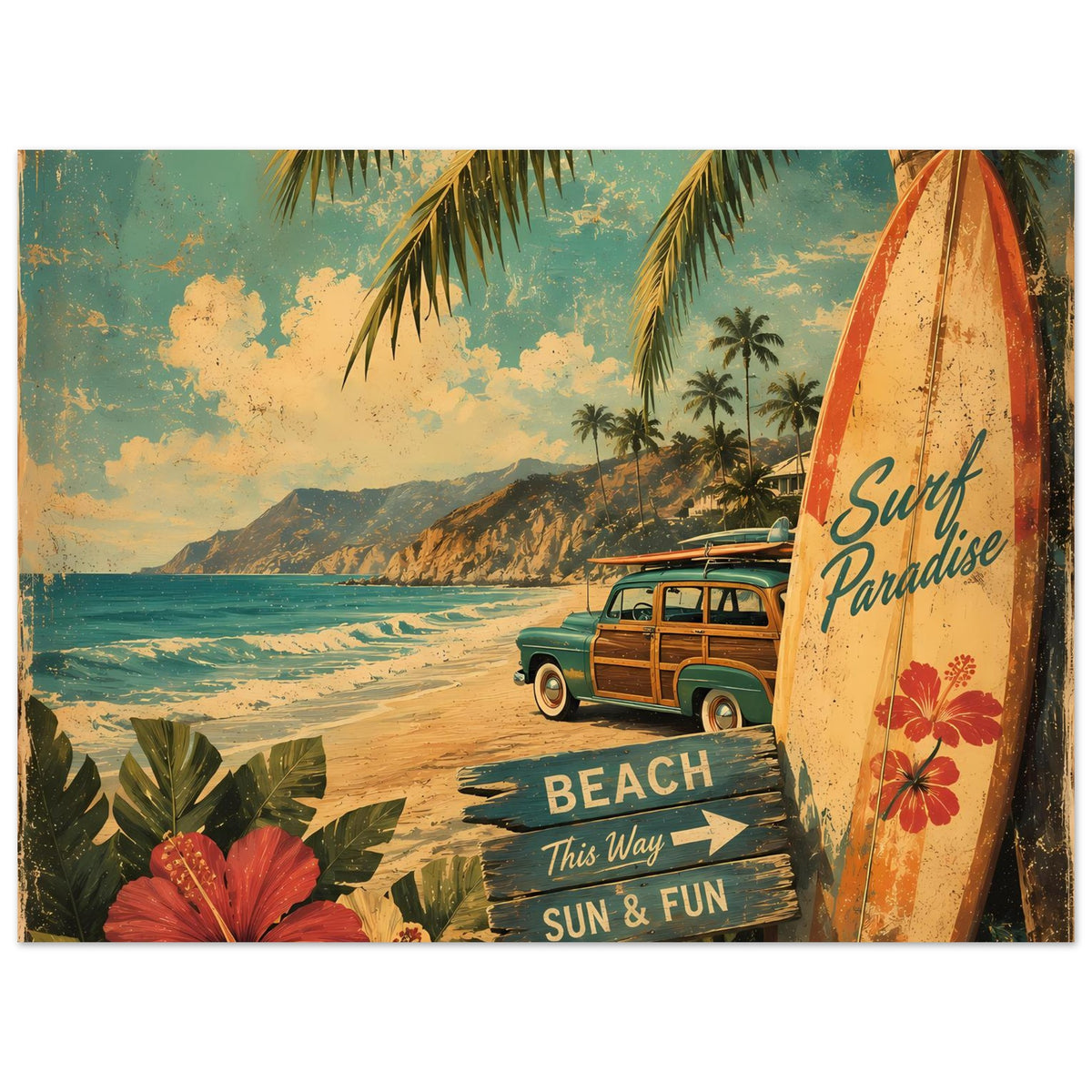 Strandposter mit Surfbrett, Palmen, Küste, grünem Van und Schildern „BEACH / SUN & FUN“.