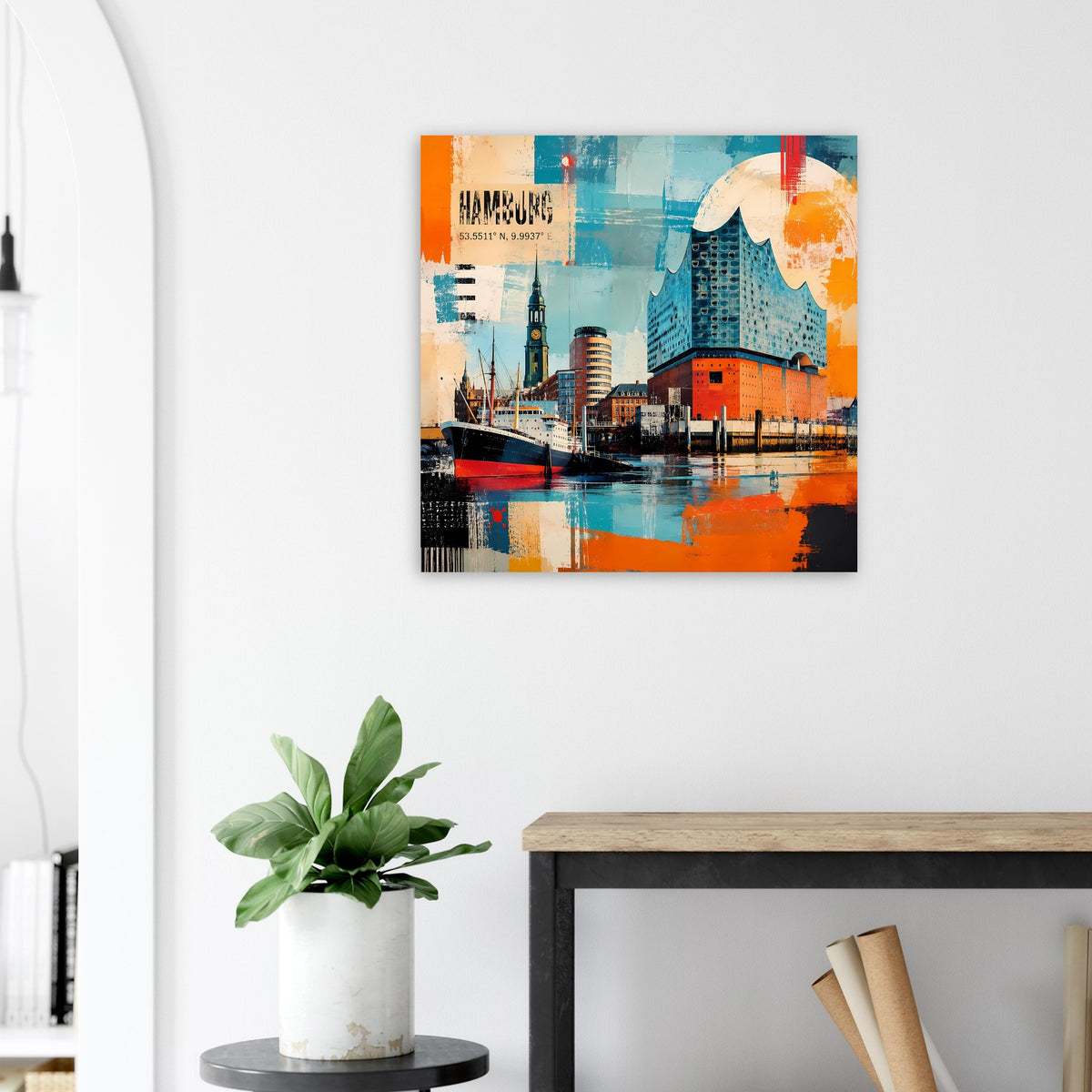 Quadratisches Wandposter: Hamburger Hafen und Elbphilharmonie, türkis-orange, gemischte Texturen