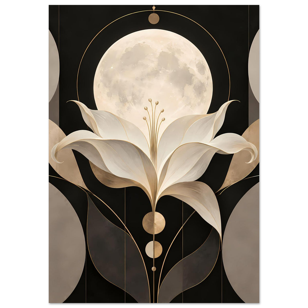 Art-déco-Poster mit Mondschein-Lilie in Gold und Creme
