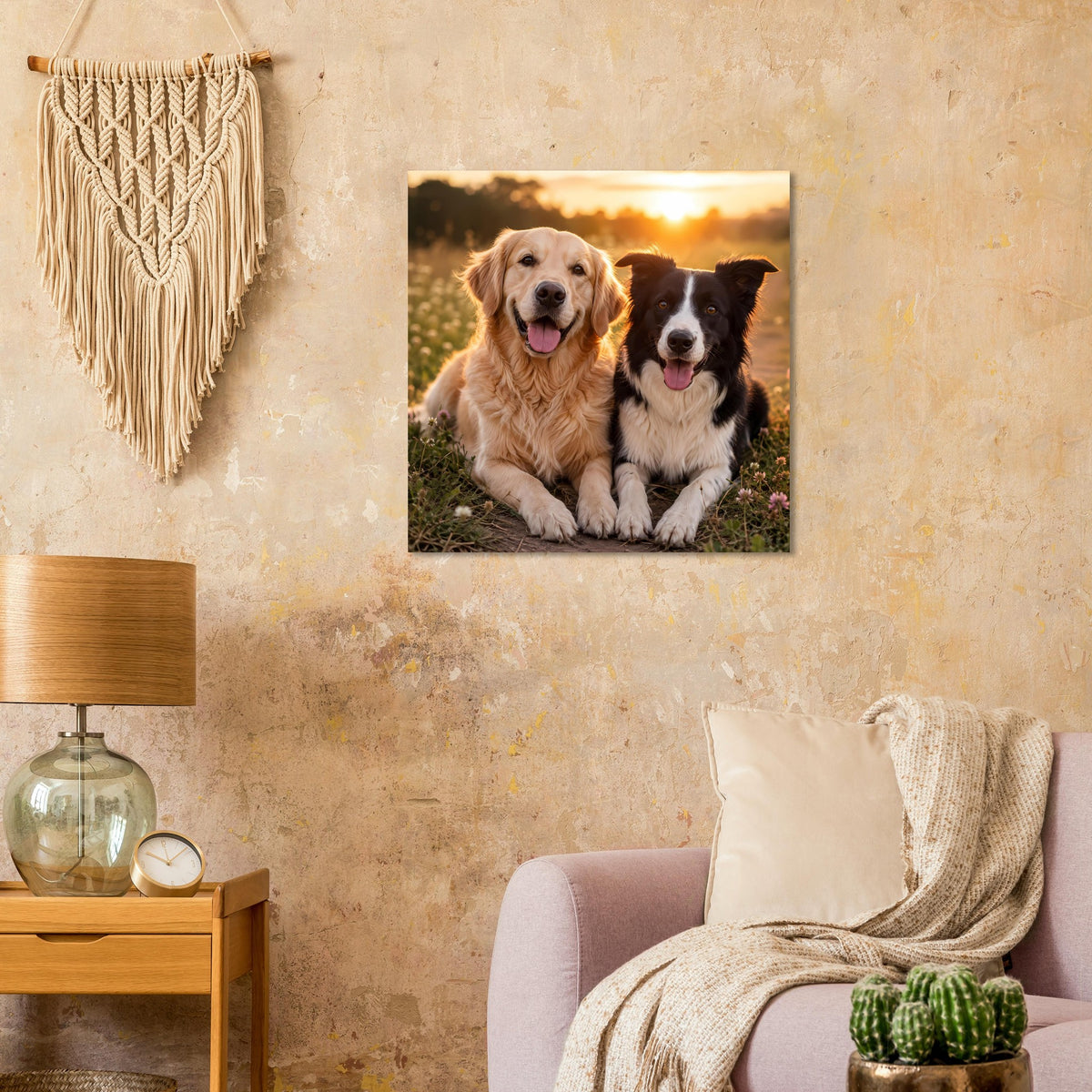 Quadratisches Hunde-Porträtposter mit Golden Retriever und schwarz-weißem Hund