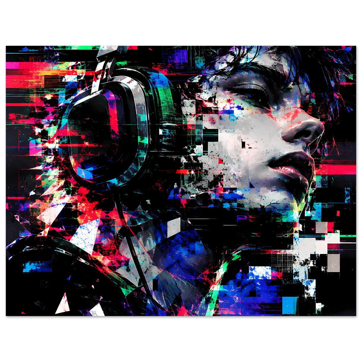 Querformat-Wandposter mit abstraktem Porträt, Neon-Glitch, Pixel-Streifen und Kontrastflächen