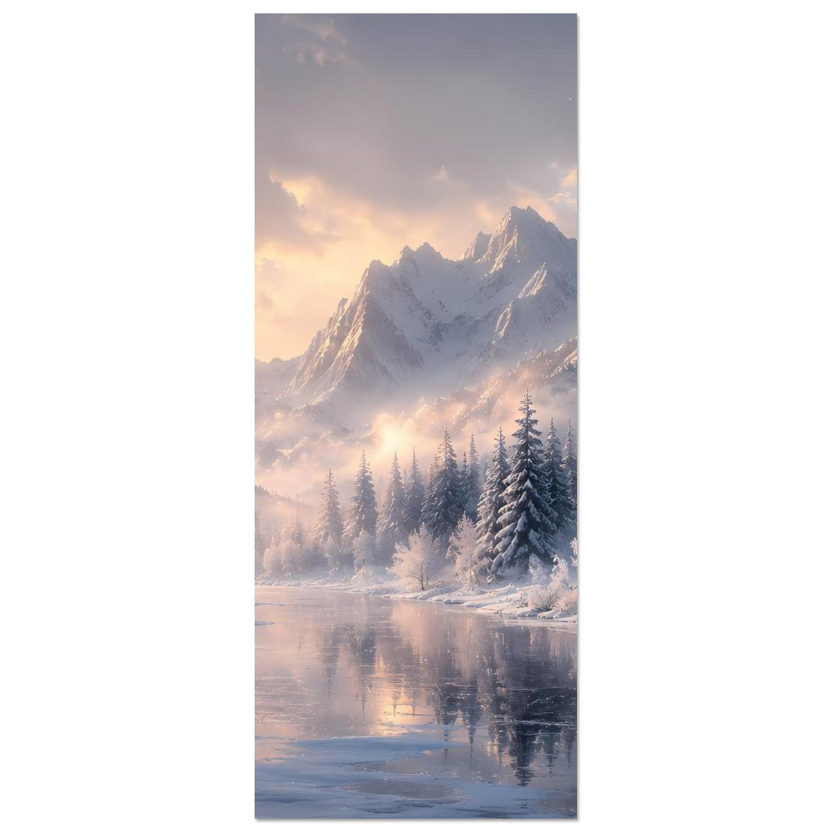Hochformat-Winterlandschafts-Poster mit verschneiten Bergen, Tannen und ruhigem Fluss