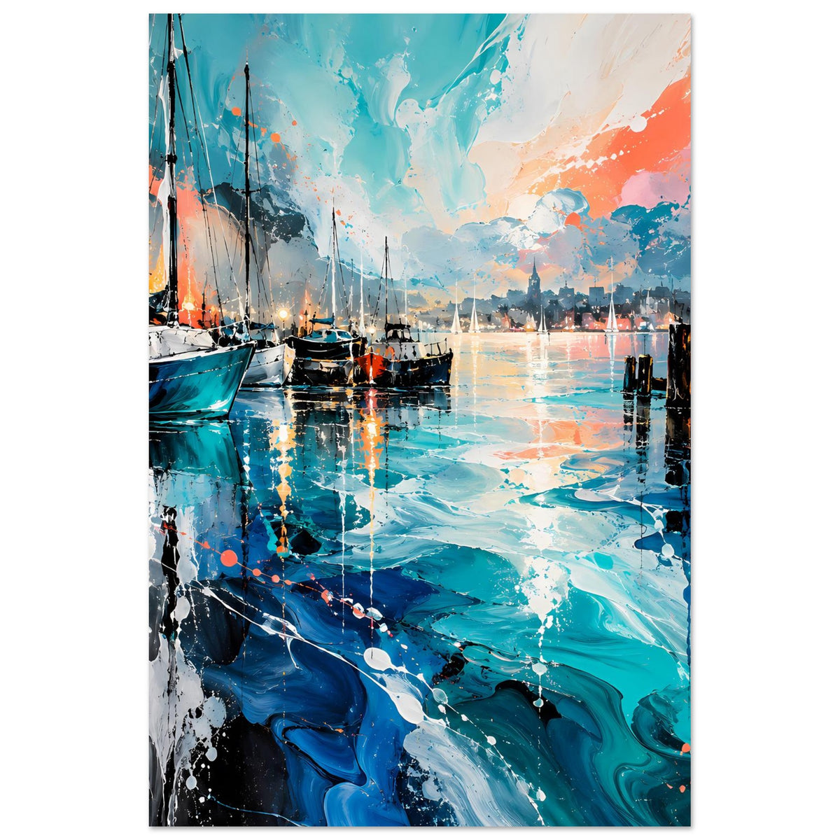 Hochformat-Poster Hafenmotiv: Segelboote, reflektierendes Wasser in Blau und Türkis