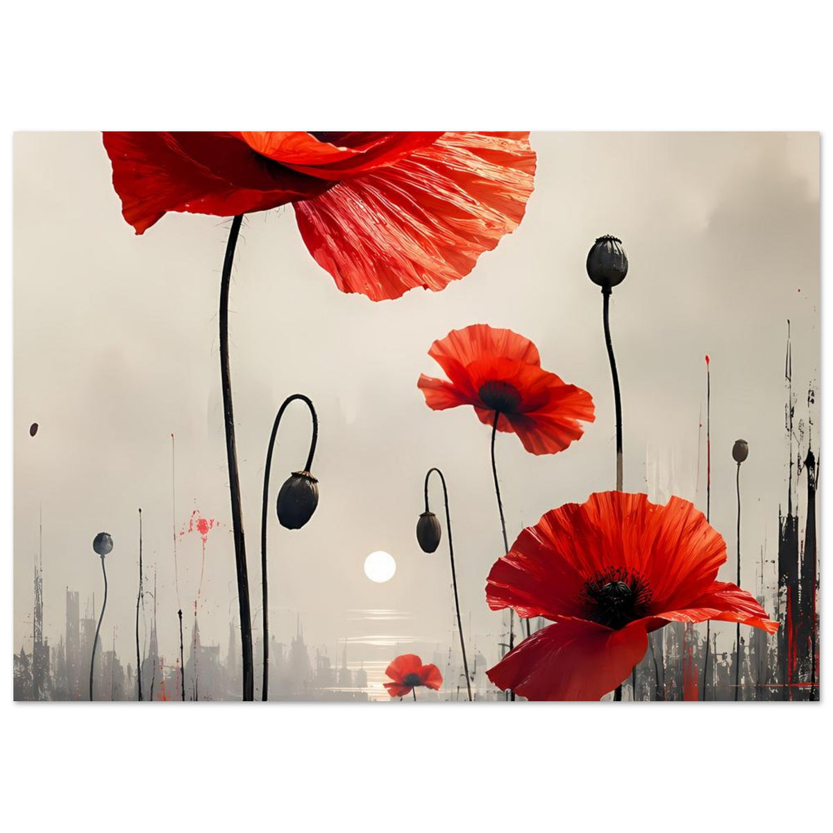 Horizontales Poster mit roten Mohnblumen, großen Blüten oben und schwarzen Stielen