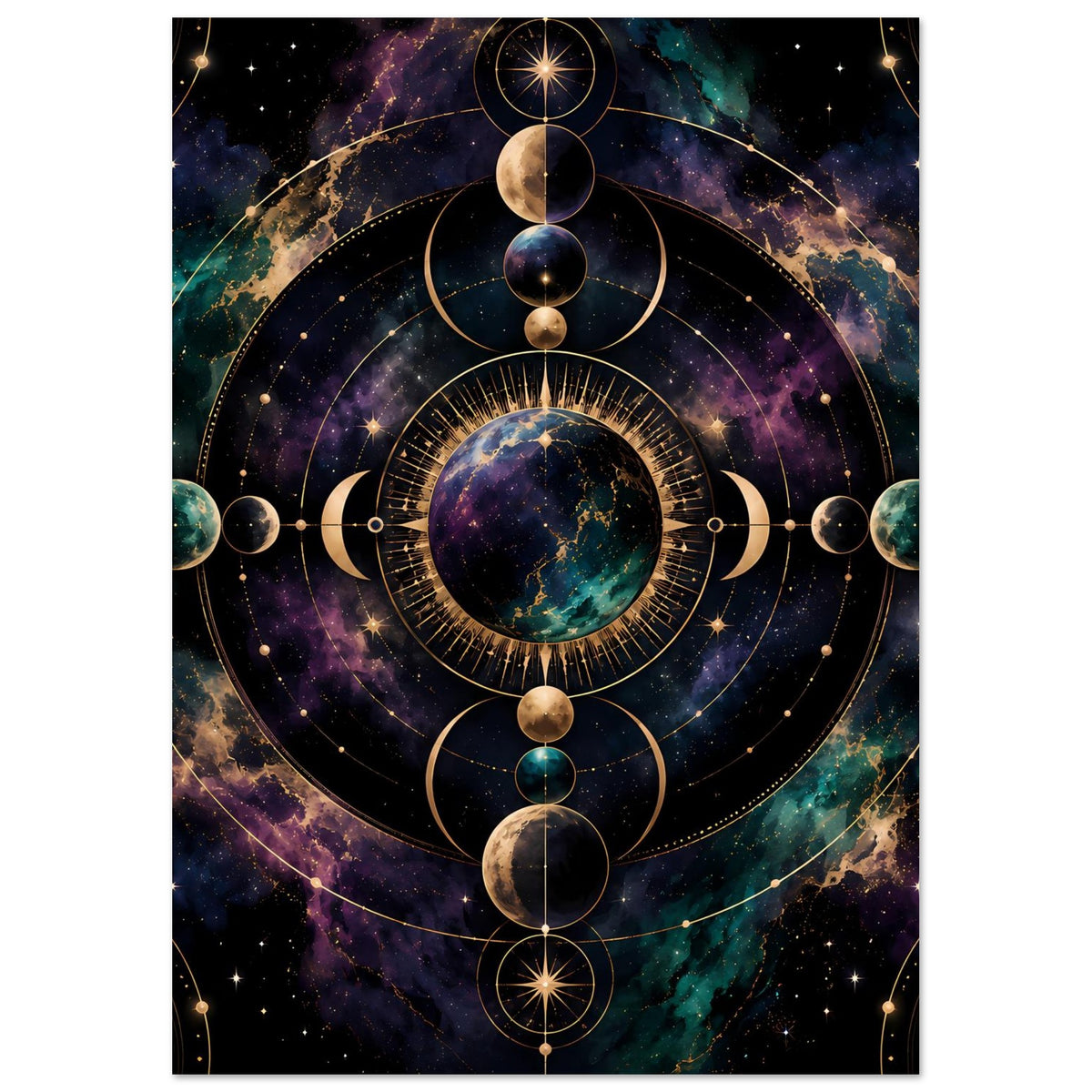 Rechteckiges Poster mit Mondphasen-Illustration, kreisförmiges Ornament und mehrere Monde