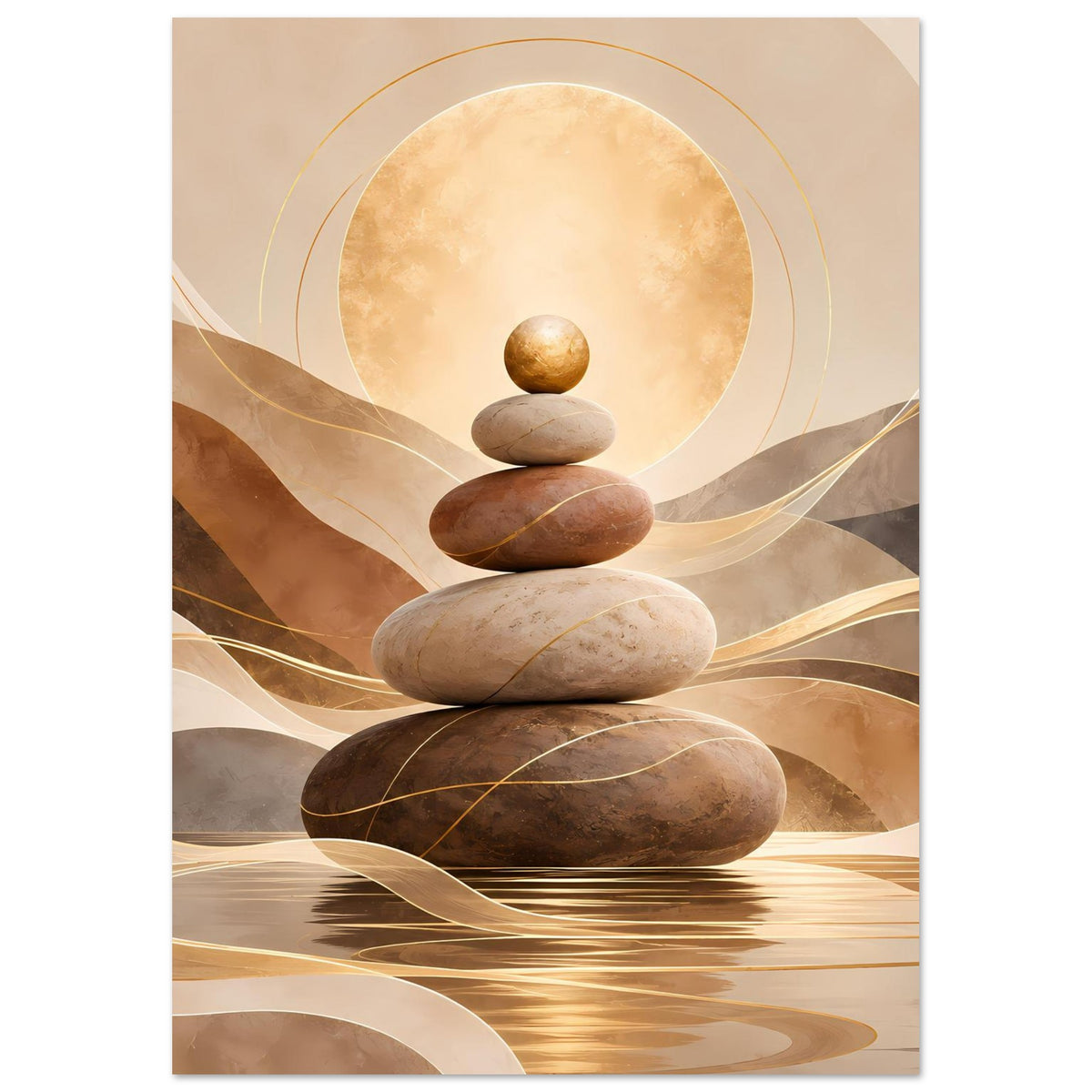Zen-Poster im Hochformat: Steinturm, runde Kreisform und goldene Linien über Wasserreflexen