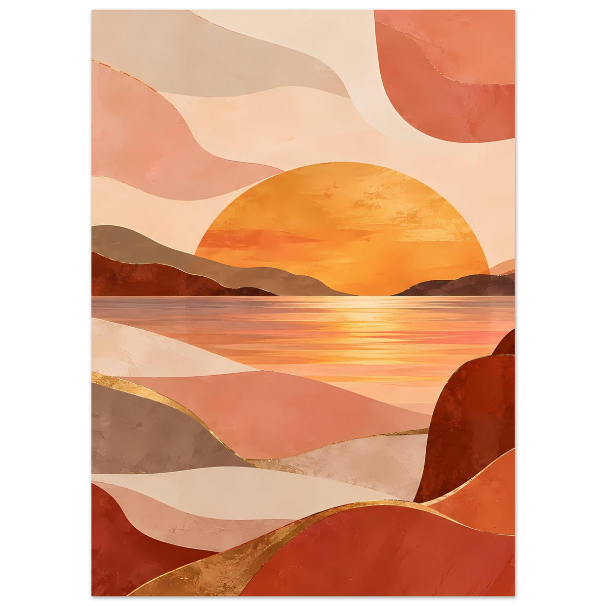Poster mit minimalistischem Landschaftsmotiv: orangefarbene Sonne, Ebenen in Beige, Rot und Braun