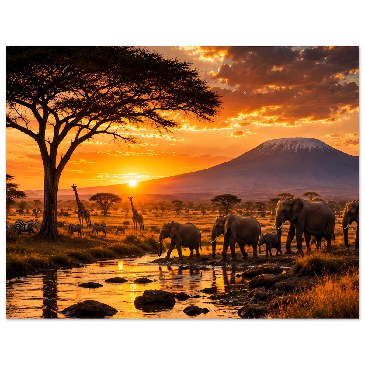 Afrika-Safari-Poster: Elefantenherde am Wasser, Akazienbaum, Berge im Hintergrund bei Sonnenuntergang.