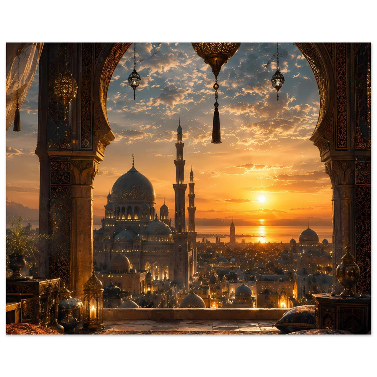 Wandposter mit Moschee bei Sonnenuntergang, Kuppel und Minaretten, gerahmt durch Bogen