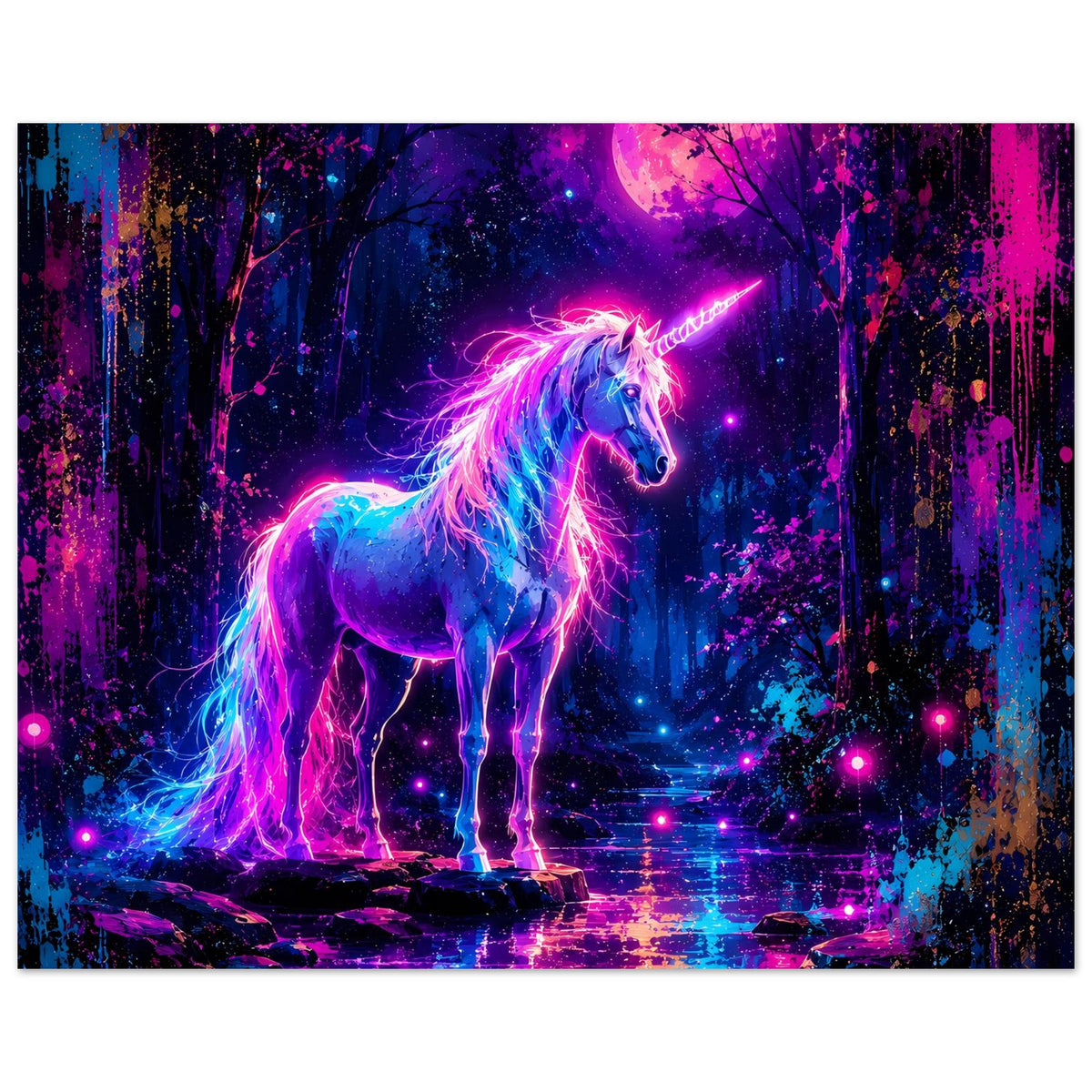 Poster mit neonfarbenem Einhorn im Profil, leuchtende Mähne und Energie-Details