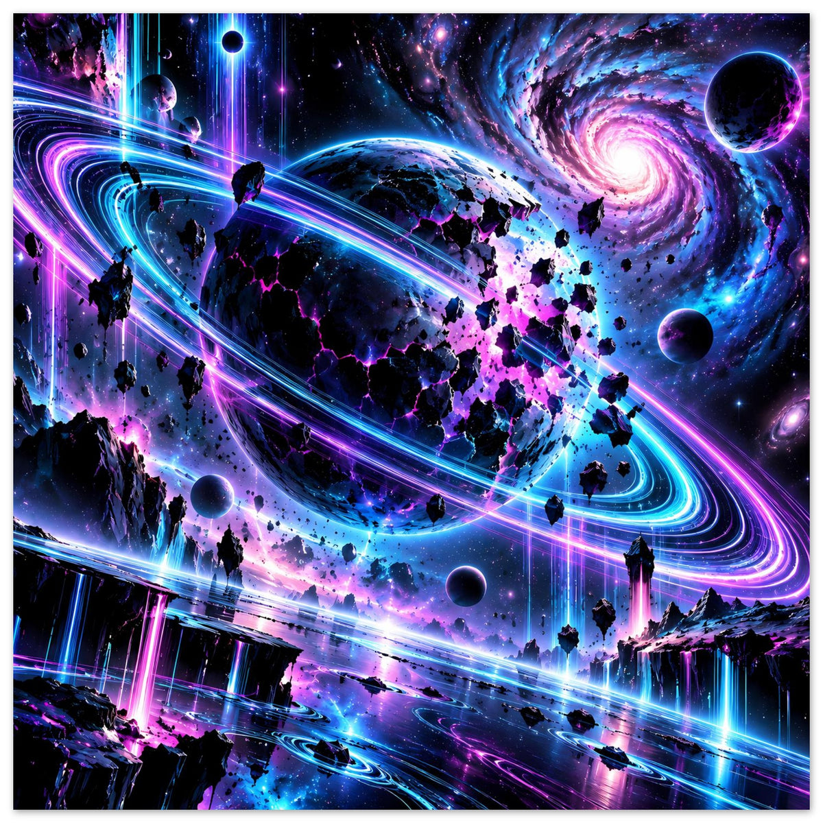 Neon-Galaxie-Poster mit Raumschiff, violetten Lichtbahnen, Spiralgalaxie und Planetenkugeln