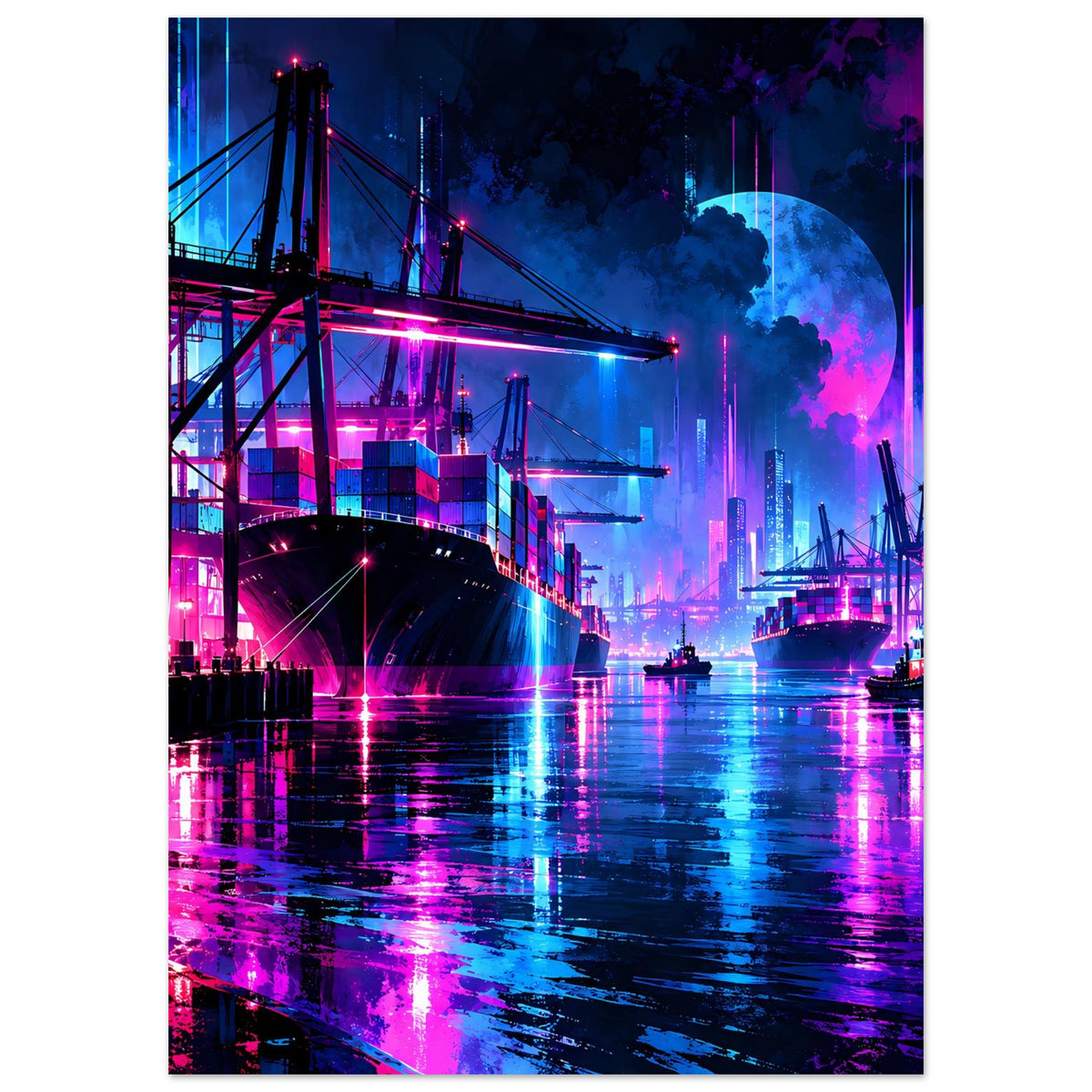 Poster Neon-Hafen-Nachtlandschaft im Hochformat mit Containern, Hafenkränen, Schiffen und Reflexen