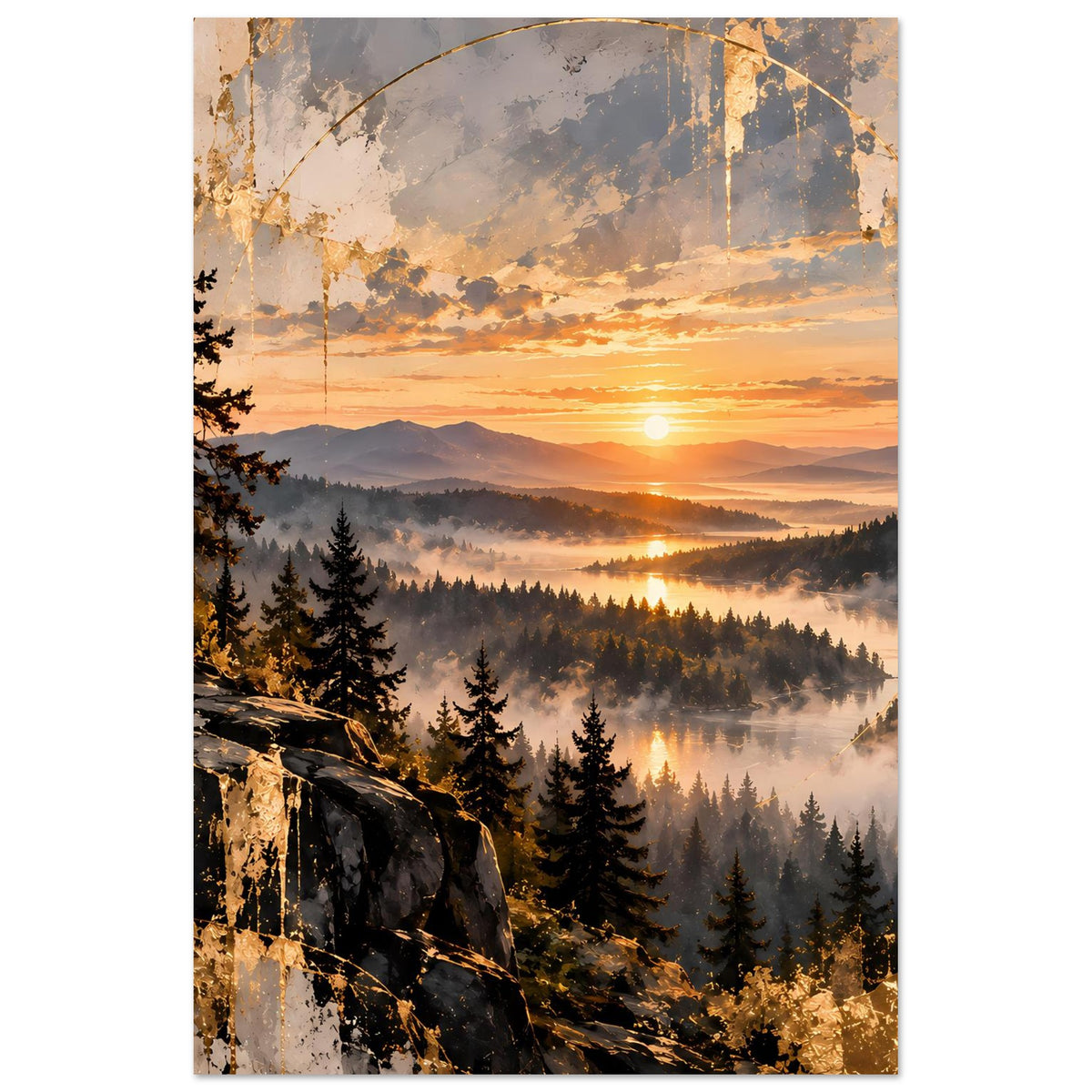 Landschaftsposter, vertikal: Sonnenuntergang mit Nebel über einem Tannenwald