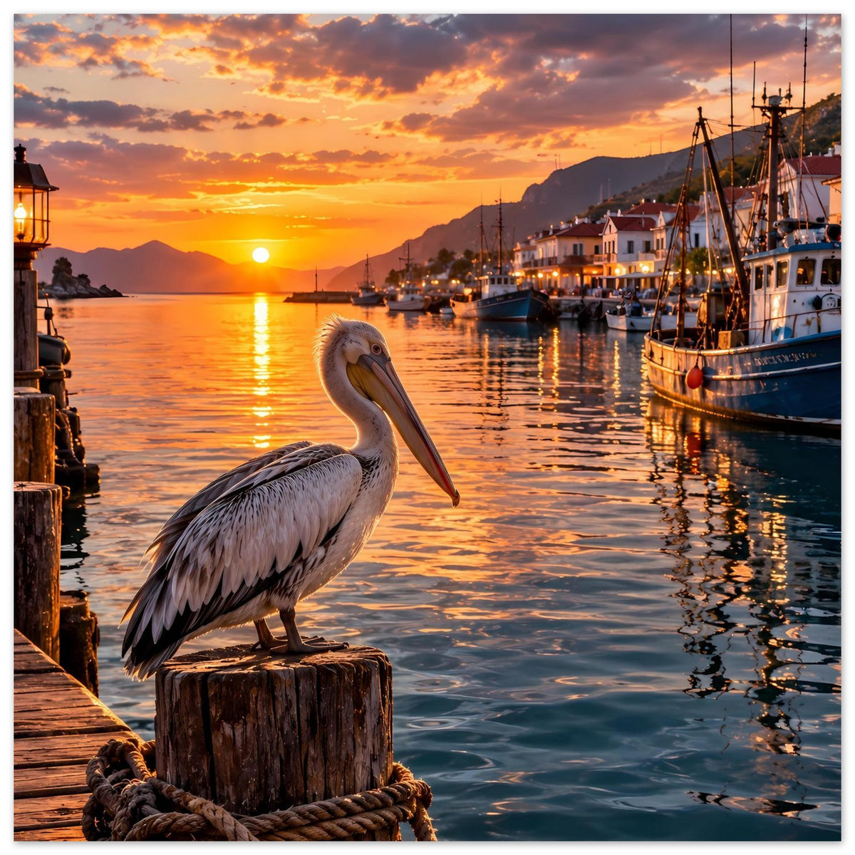 Premium Poster: Pelikan auf Holzpfahl, Boote am Hafen und goldener Himmel im Abendlicht