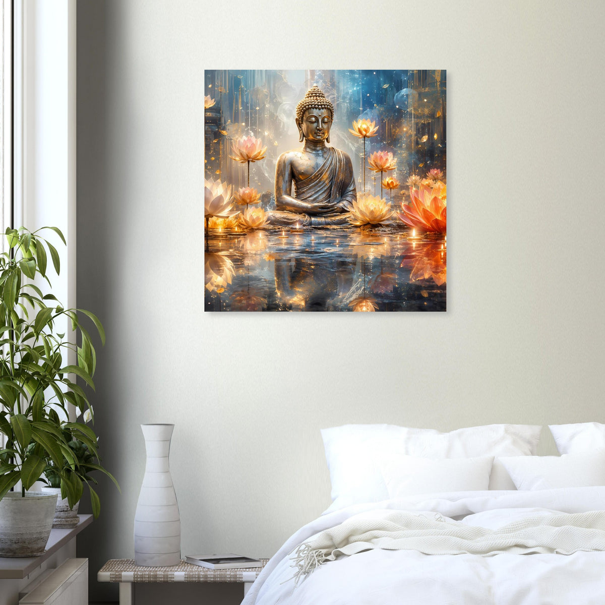 Quadratisches Buddha-Poster: goldene Sitzstatue, Kerzenlicht und leuchtende Lotusblüten