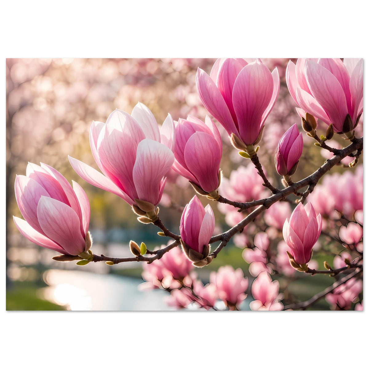 Blumenposter mit rosa und weißen Magnolienblüten an verzweigtem Ast