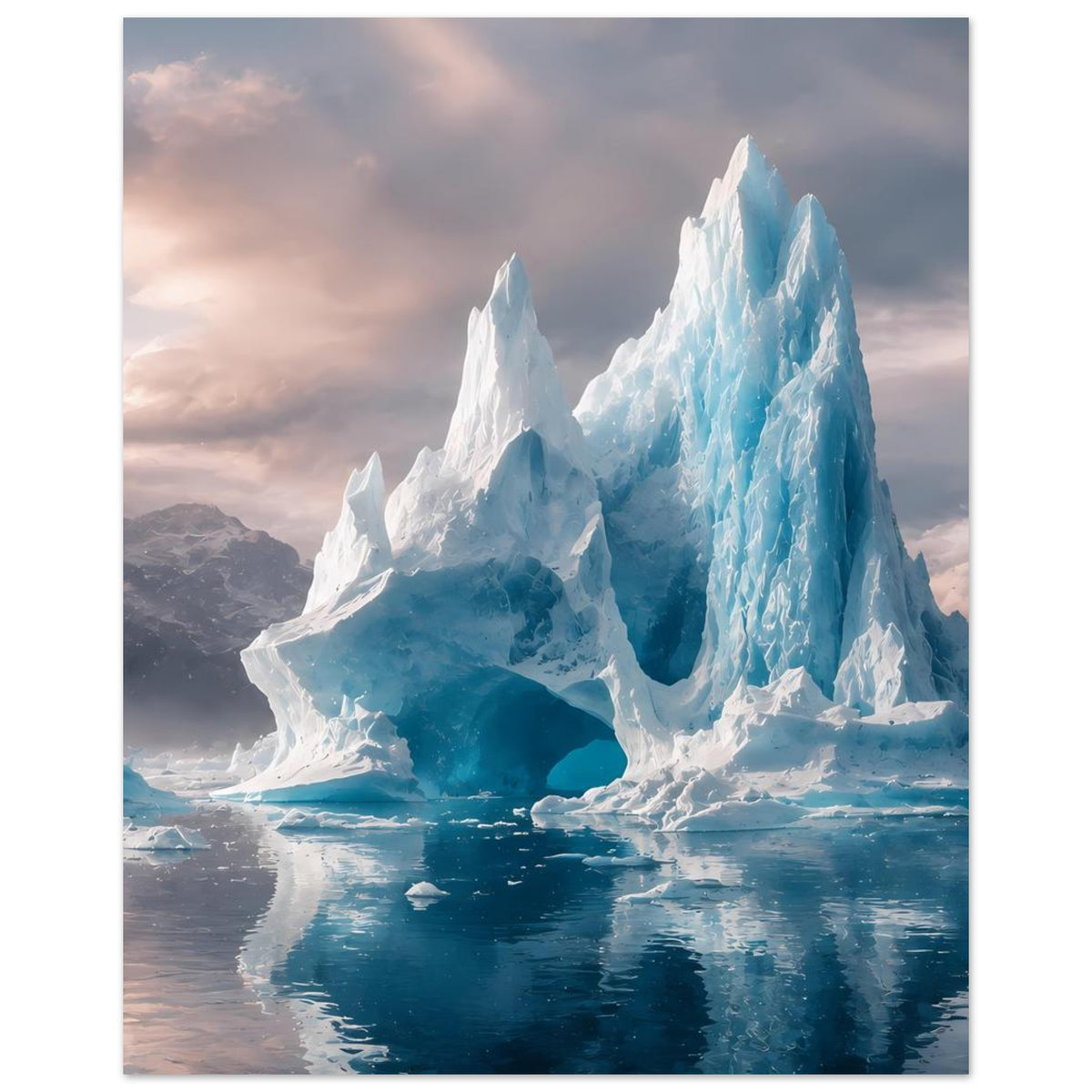 Arktis-Eisberg-Poster im Hochformat: blaues Eis und Spiegelung auf ruhigem Wasser.