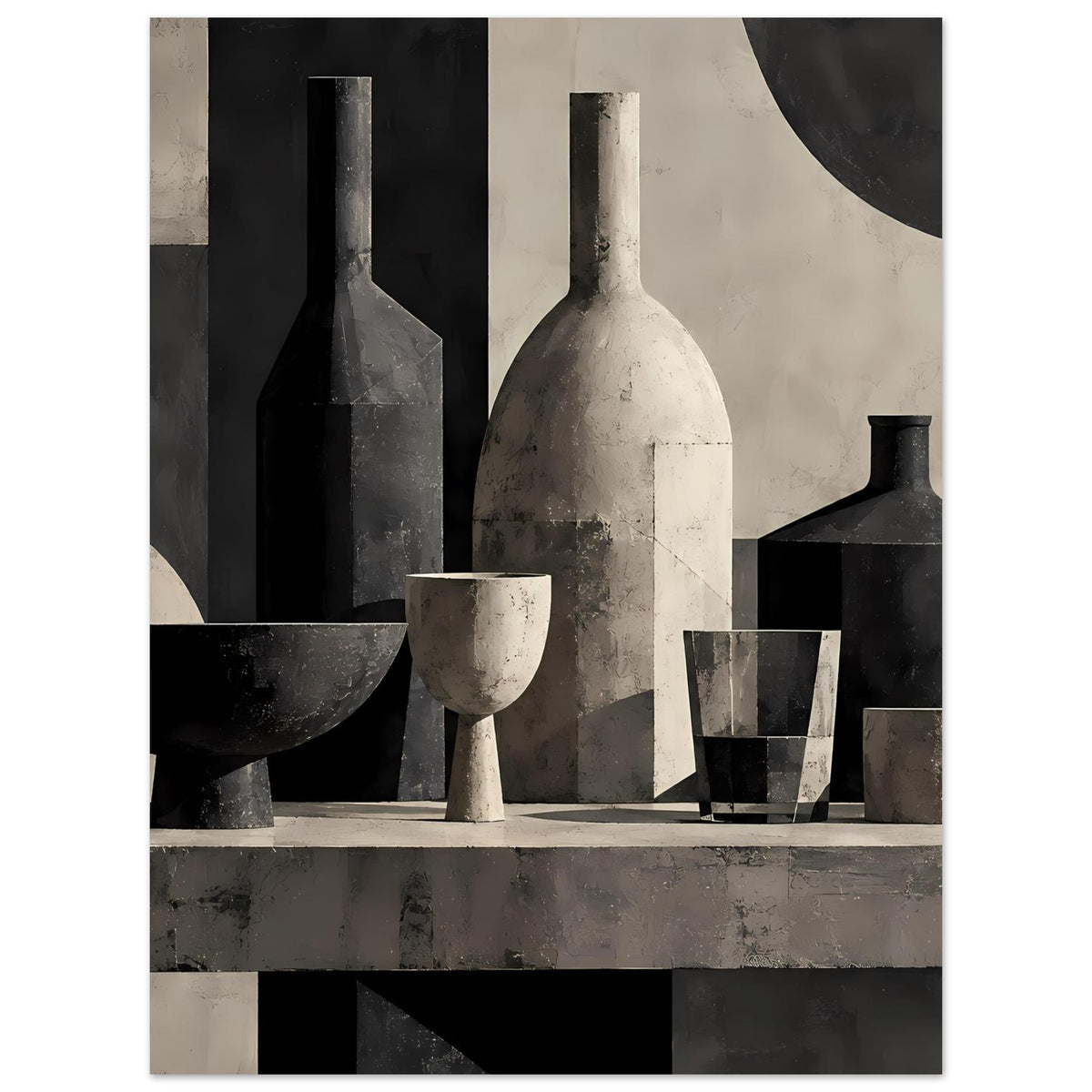 Geometrisches Stillleben-Poster in Schwarz-Weiß mit Flaschen, Vase und Gläsern auf Ablage