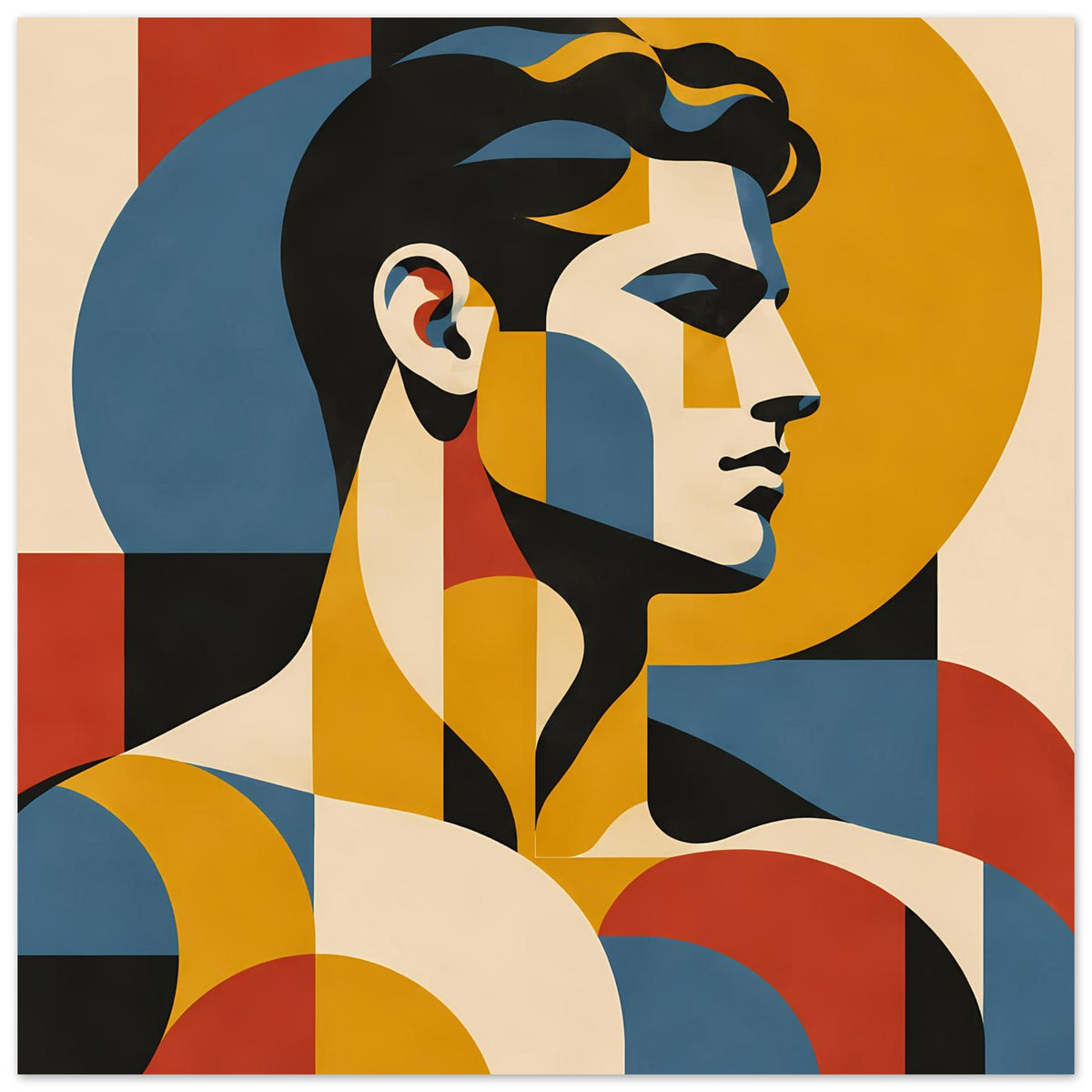 Geometrisches Portrait-Poster im Rahmen: Frauenprofil mit gelb-blauen Flächen und Kreissegmenten