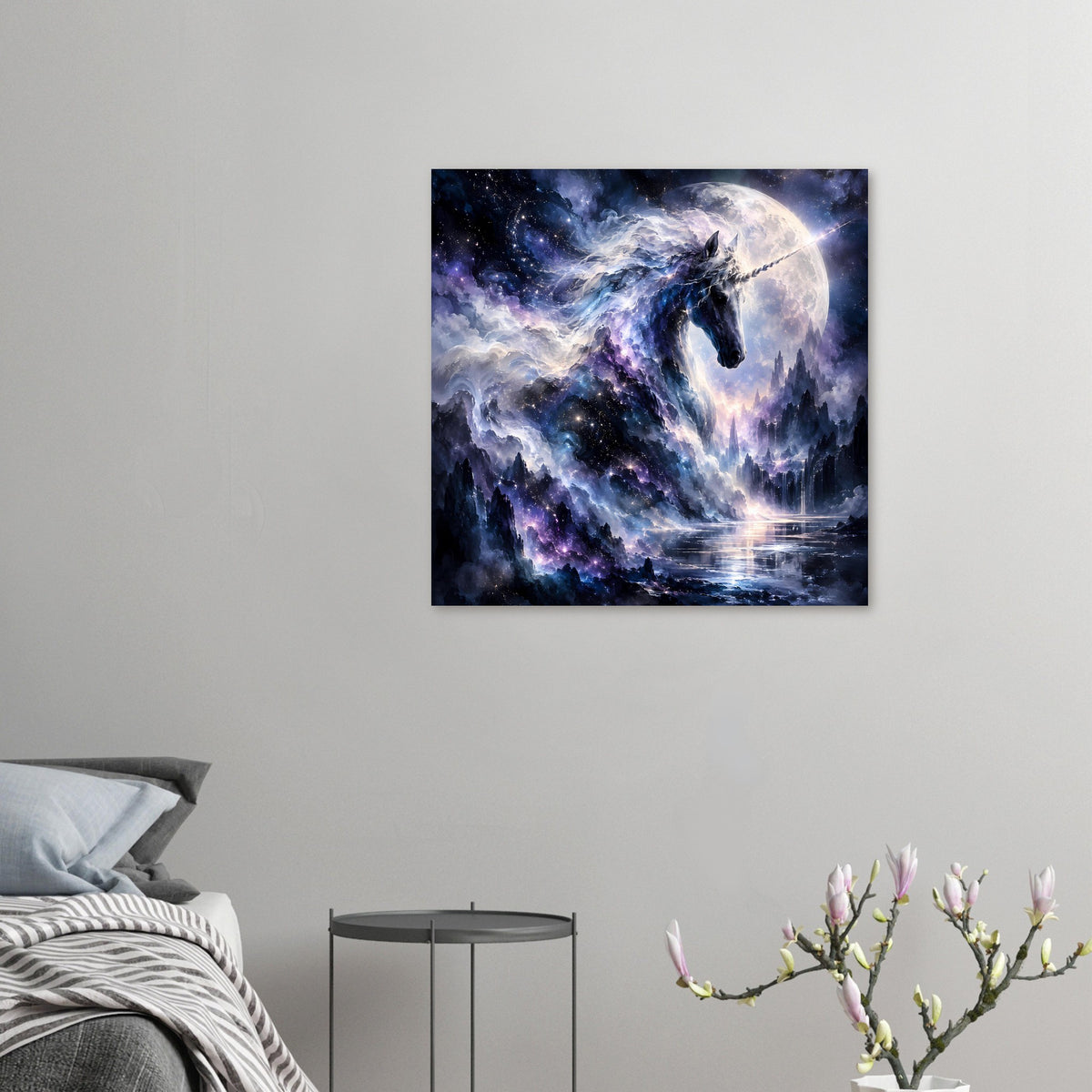 Kleines quadratisches Poster mit galaktischem Einhorn, Mond und Sternenhimmel