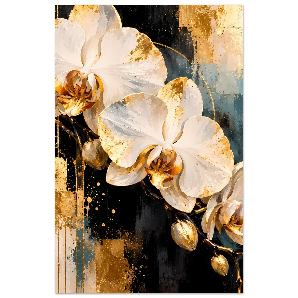 Hochformat-Poster mit weißen Orchideenblüten und goldenen Akzenten, Blütenzweig im Fokus
