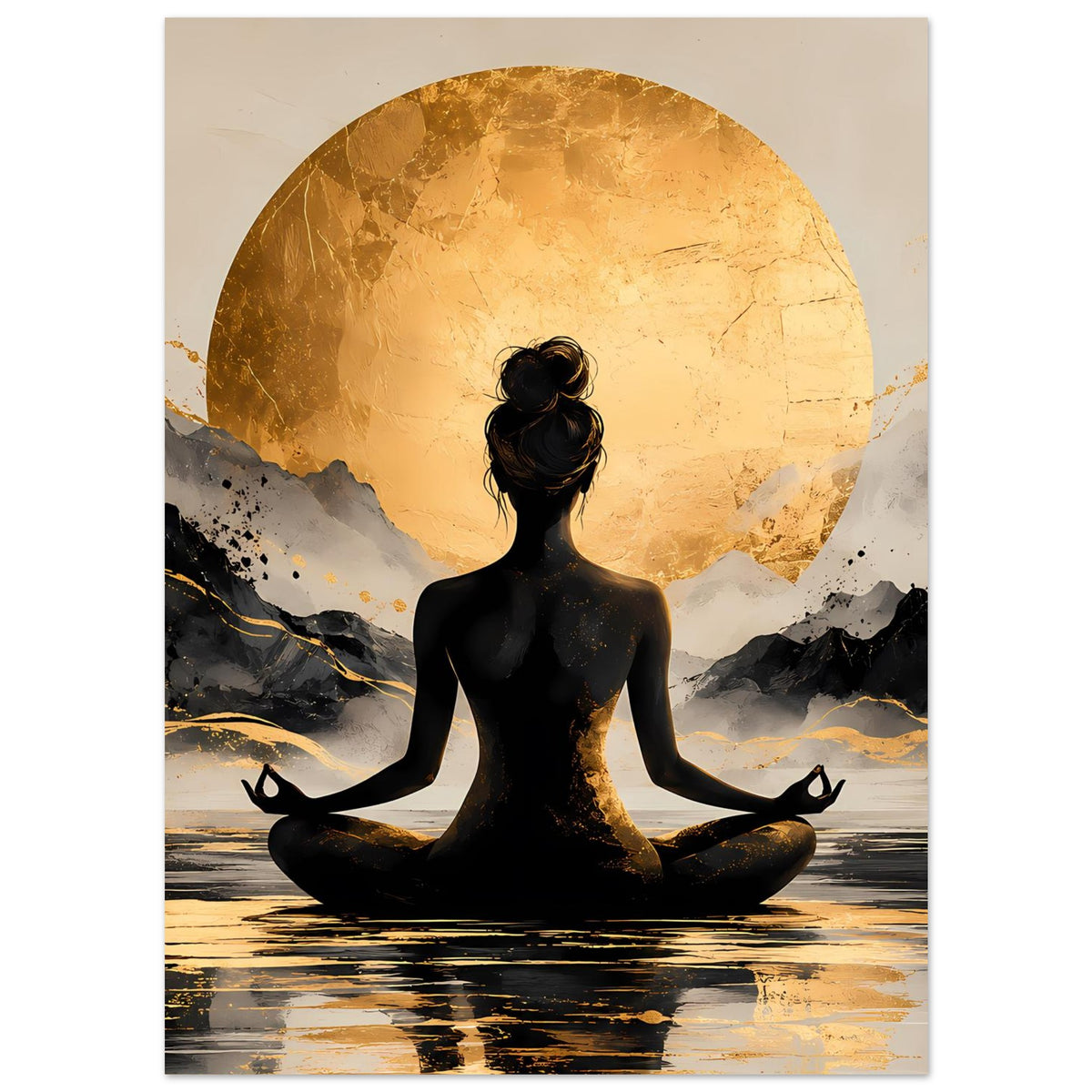 Meditationsposter mit schwarzer Silhouette im Lotussitz, großer goldener Sonnenkreis