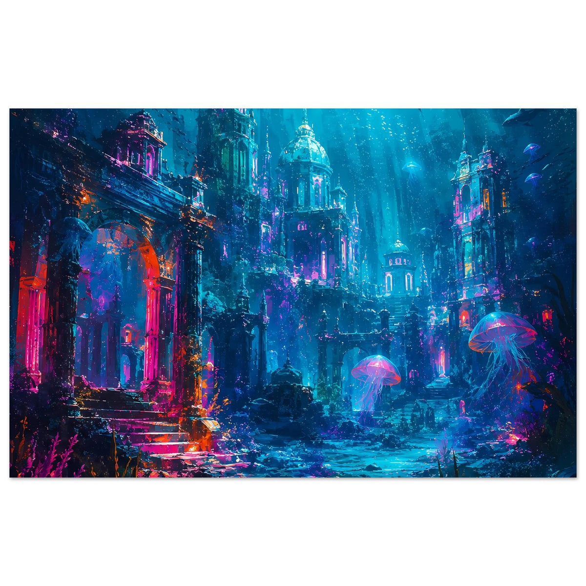 Fantasy-Unterwasserposter mit versunkener Stadt, leuchtenden Quallen und Fischen in Blau