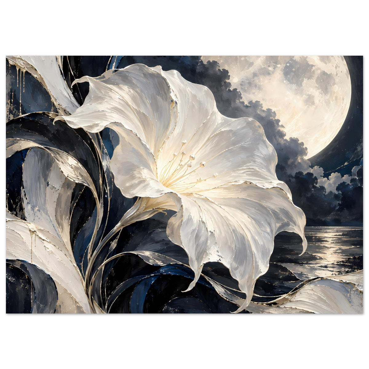 Blumenposter im Querformat mit weißer Blüte, Mondschein über Meer und dunklen Blättern