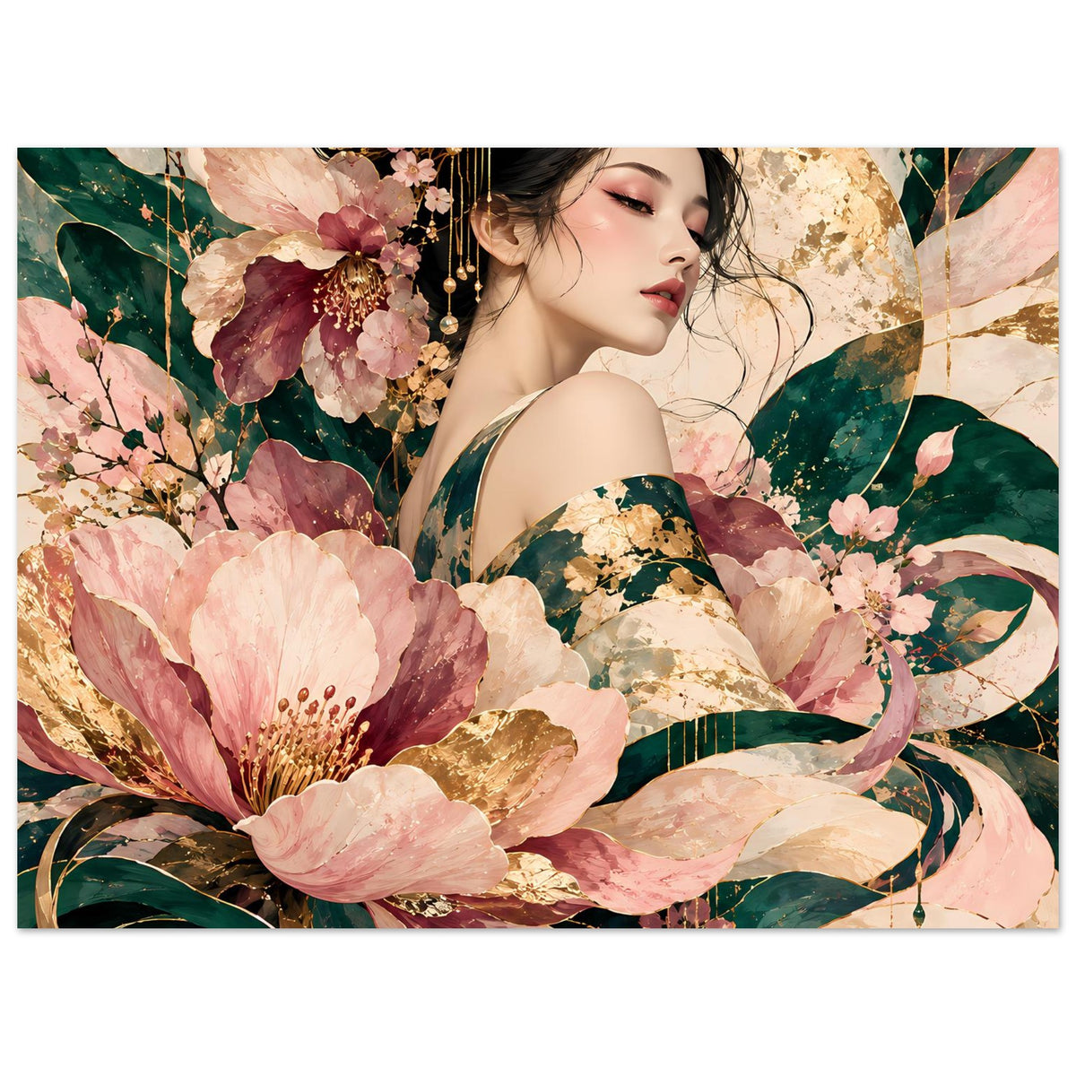 Querformat-Poster mit Frauenporträt, großen Blüten und goldenen Detailakzenten