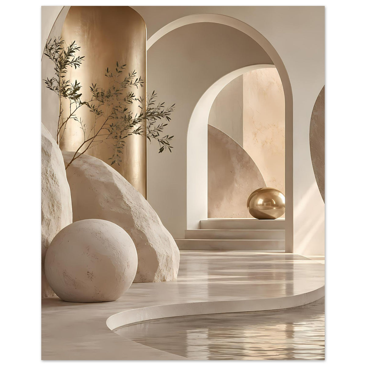 Architekturposter: warmes Sand-Gold-Design mit Rundbogen, Pflanzenzweigen und goldener Kugel.