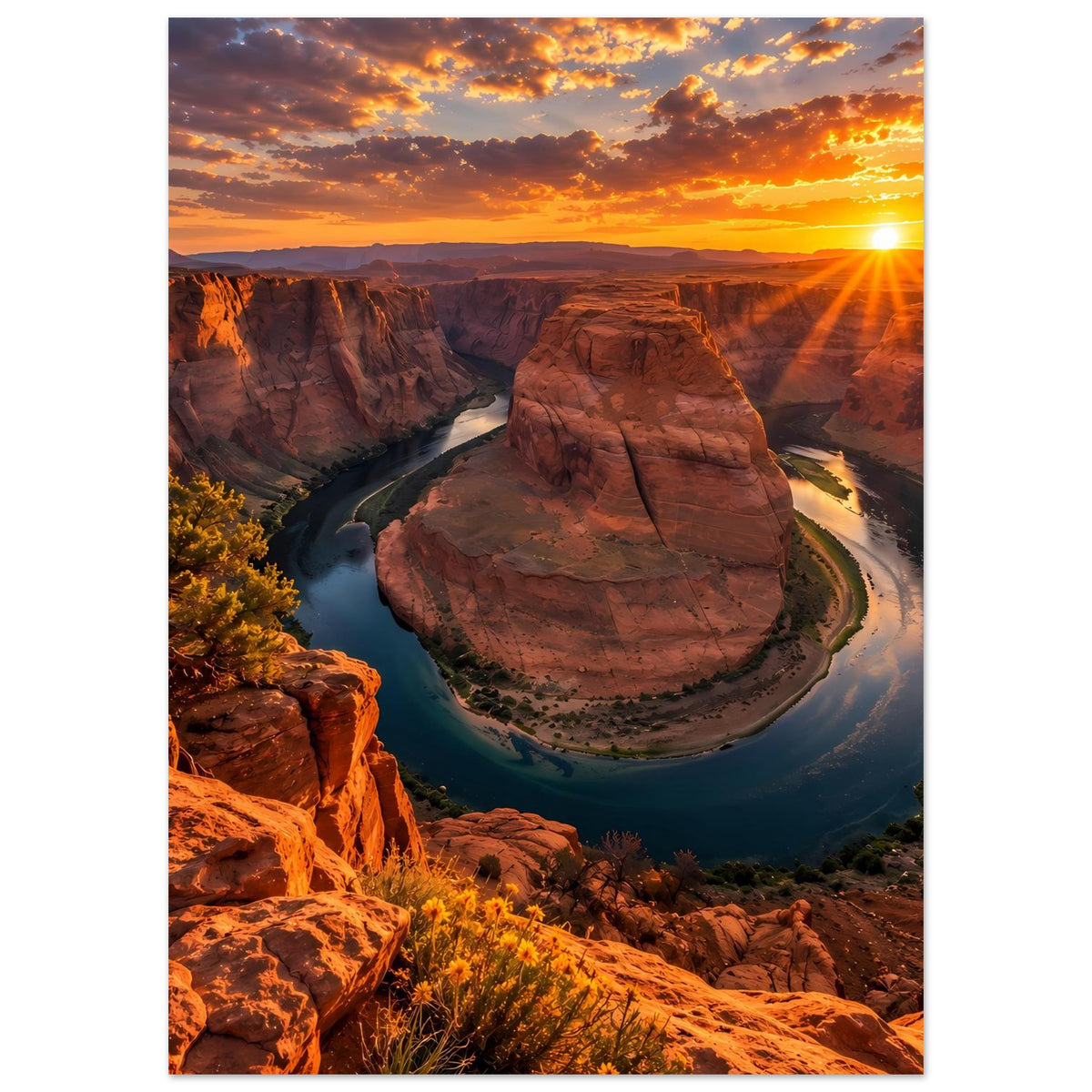 Hochformatiges Poster mit Canyonlandschaft, Flusswindung, Felsblock und Sonnenuntergang