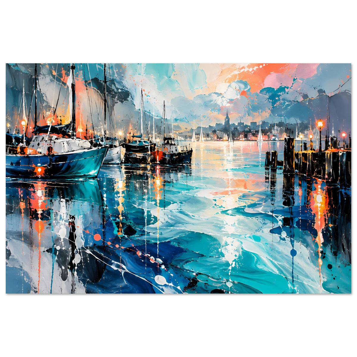 Querformat-Poster mit abstraktem Hafenmotiv, Boote im Vordergrund, Spiegelungen auf Wasser
